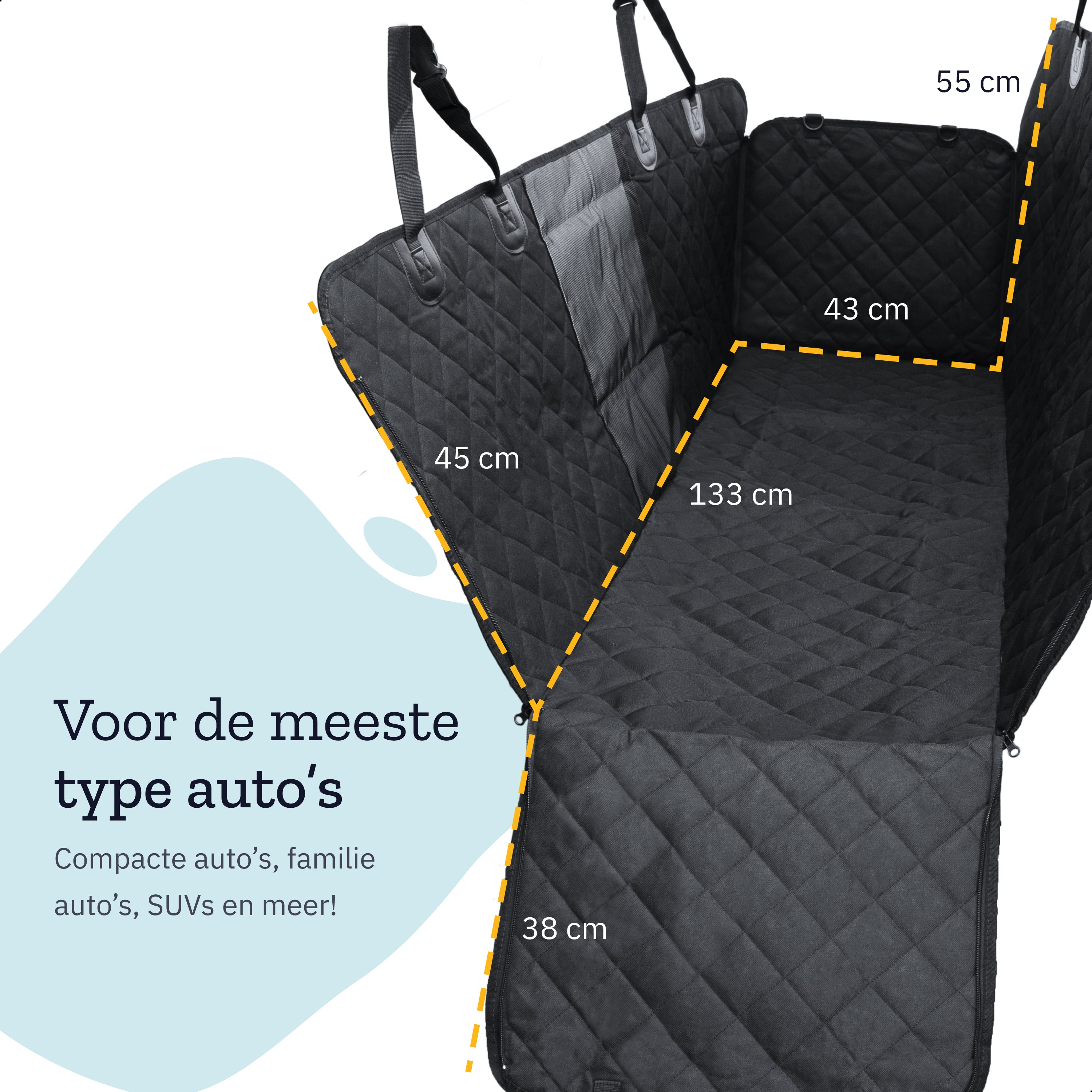 Housse de siège auto noire avec dimensions. Dimensions : 45, 133, 43, 55 et 38 cm.