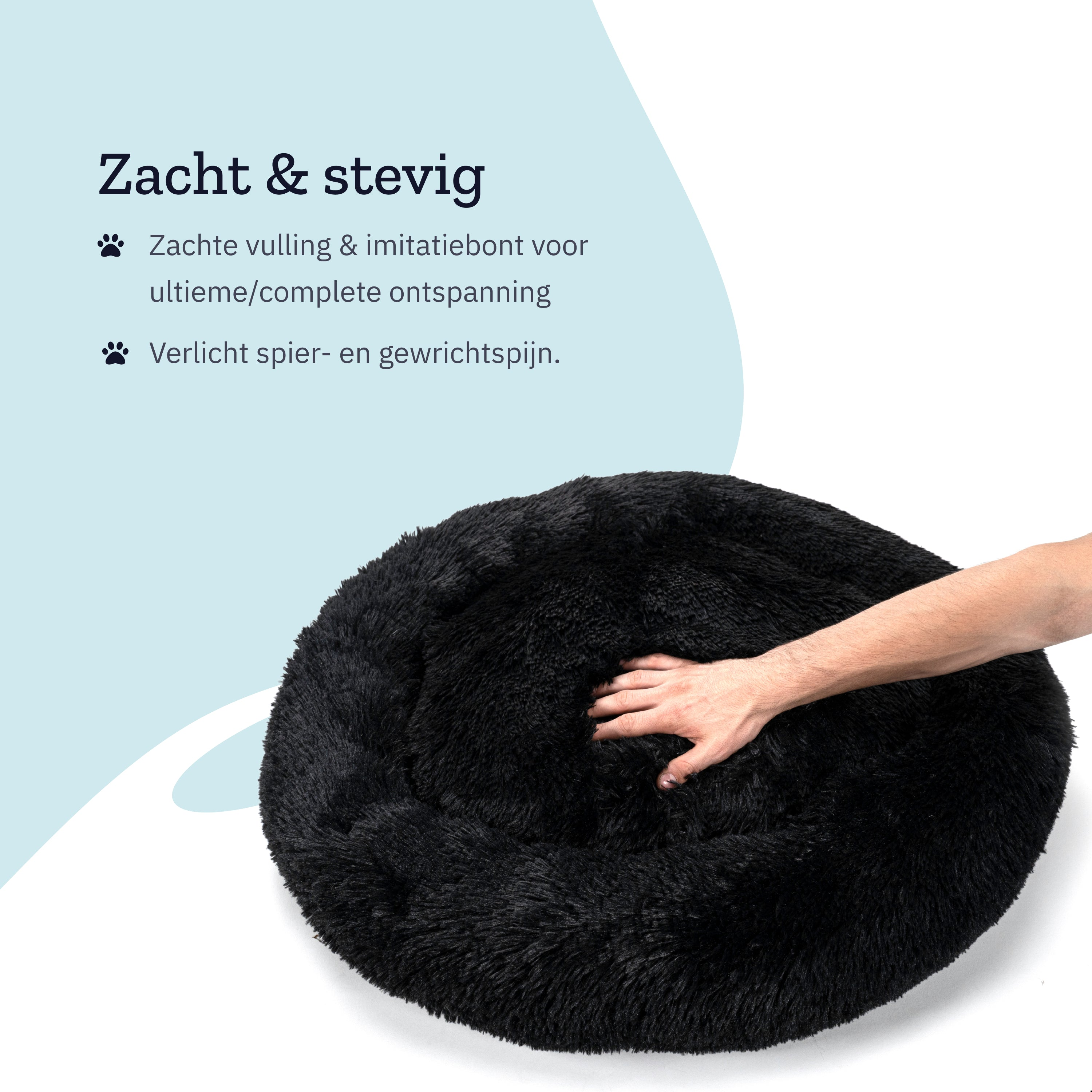 A black fluffy pet bed with a hand touching it. Text above says 'Soft & sturdy'.