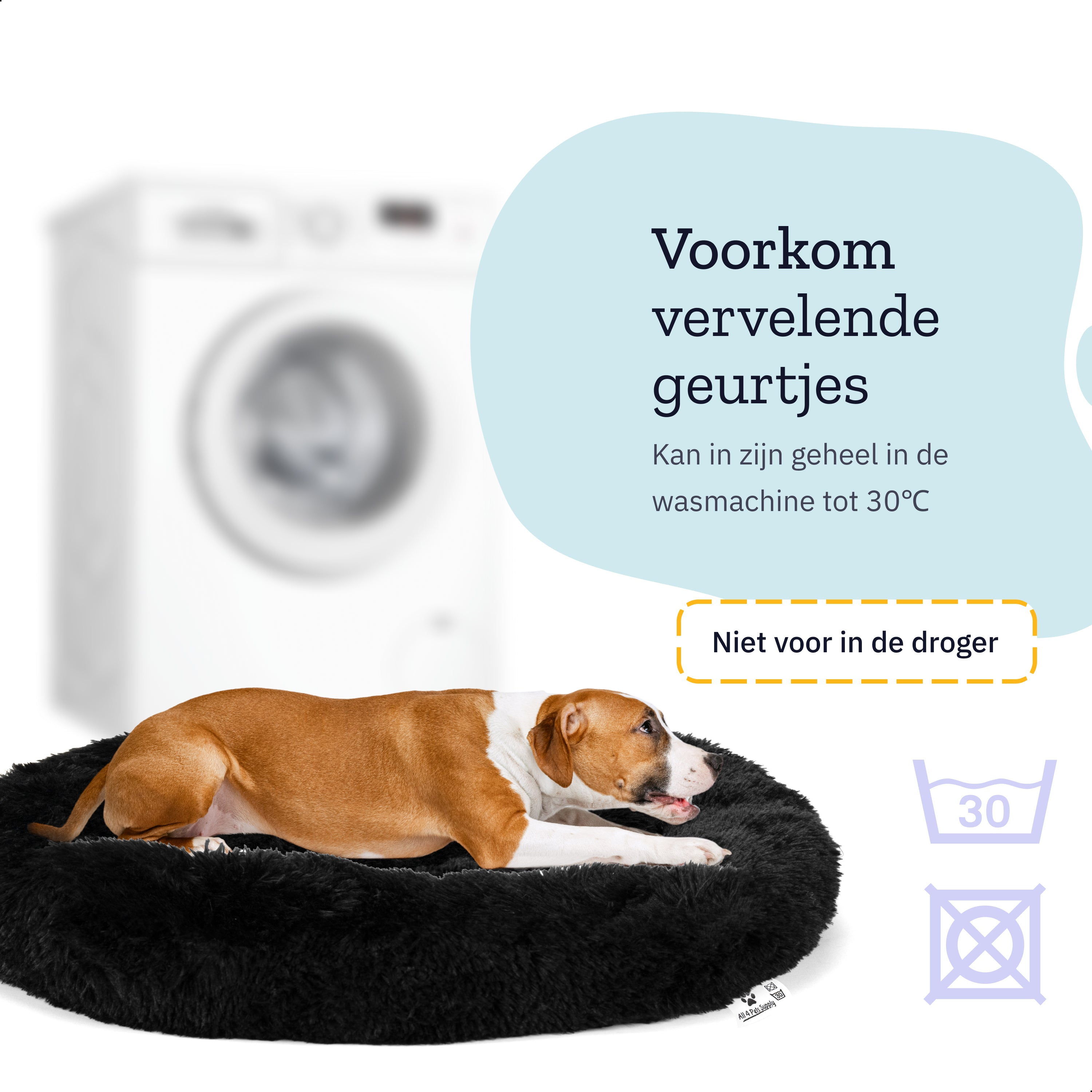 Ein Hund, der sich auf einem flauschigen schwarzen Bett ausruht, mit Text über Geruchsverhinderung und Waschen.