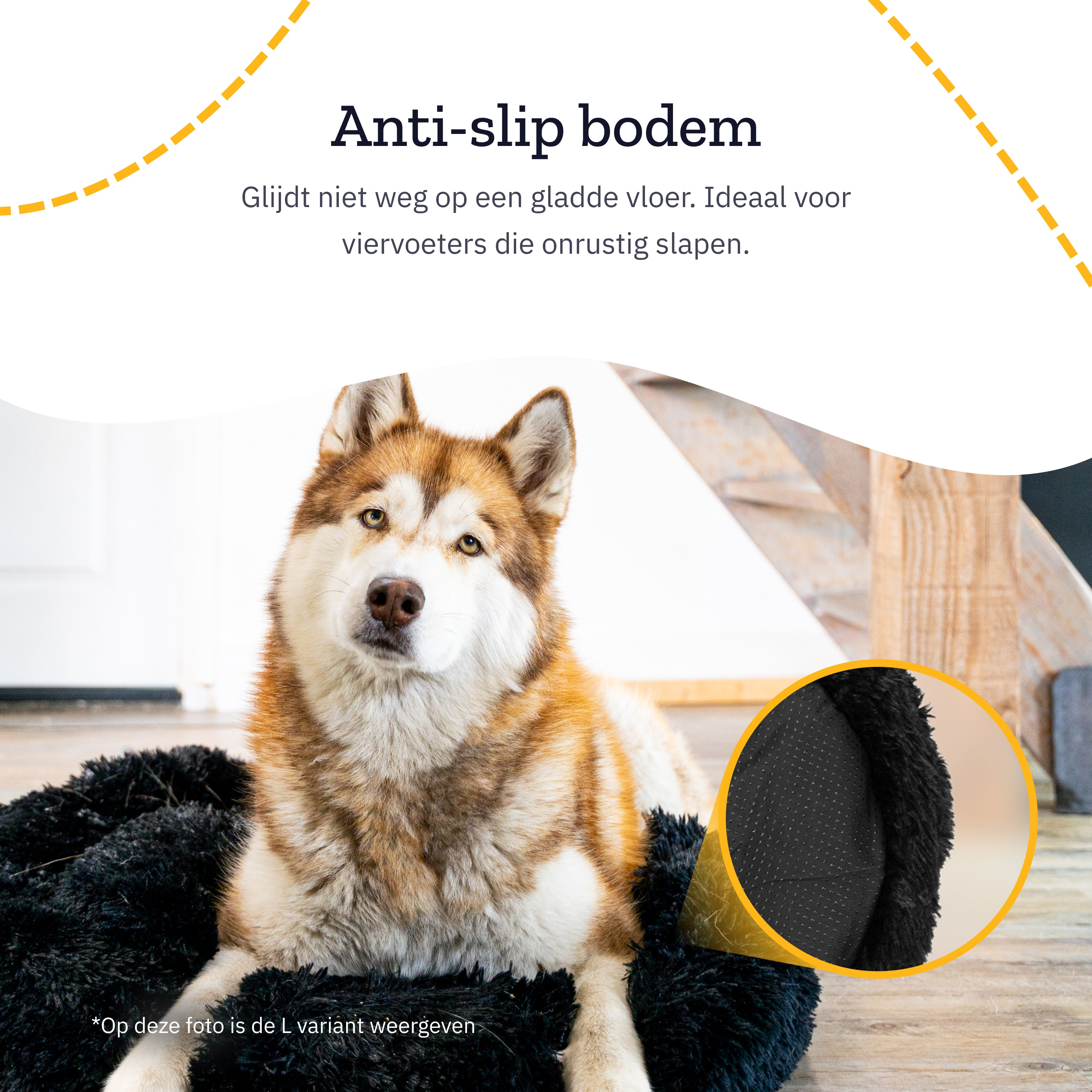 Husky-Hund auf schwarzem Bett, vergrößerte Detailansicht des Bettenbodens.