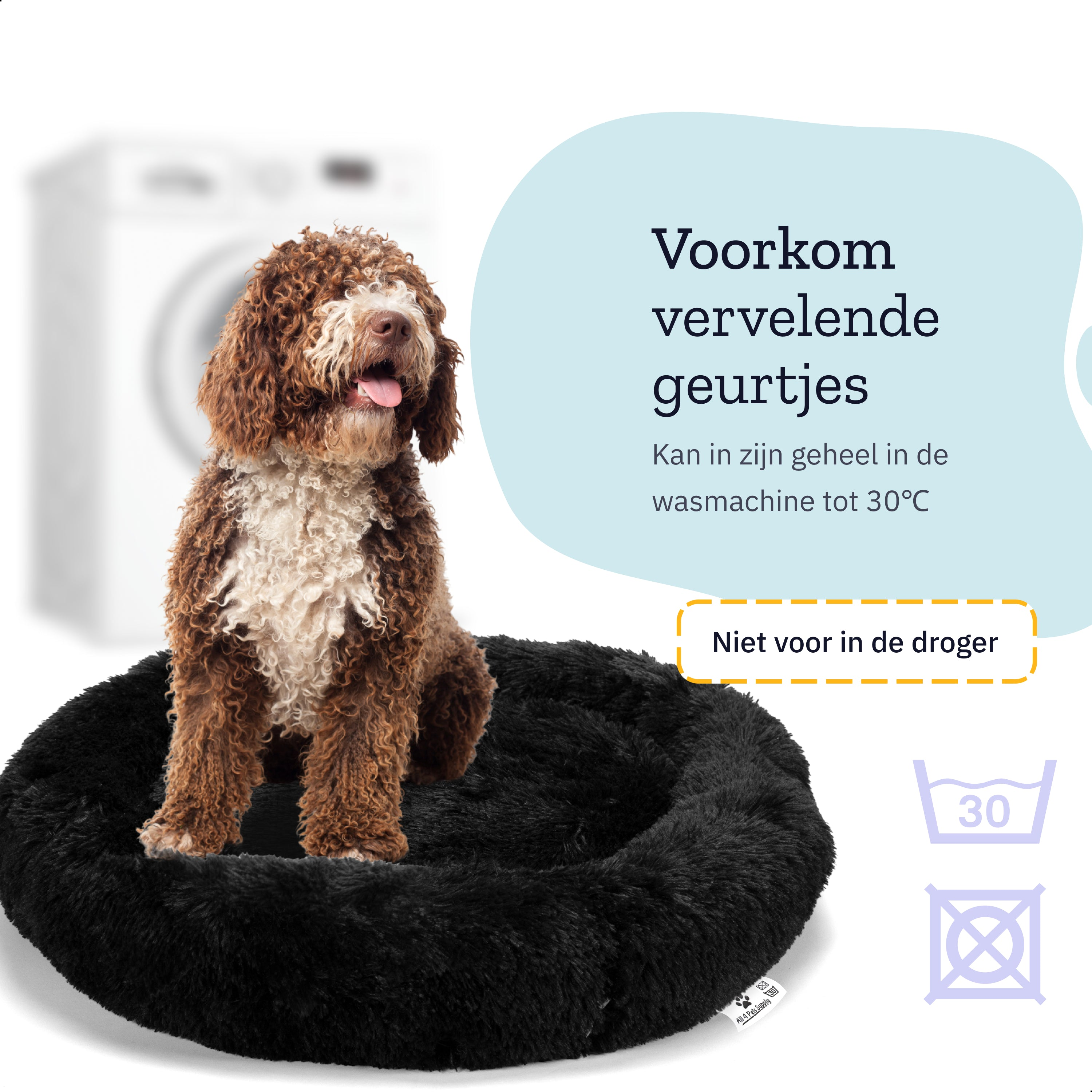 Dog bed with dog, text about washing. Dog is brown and white, bed is black.