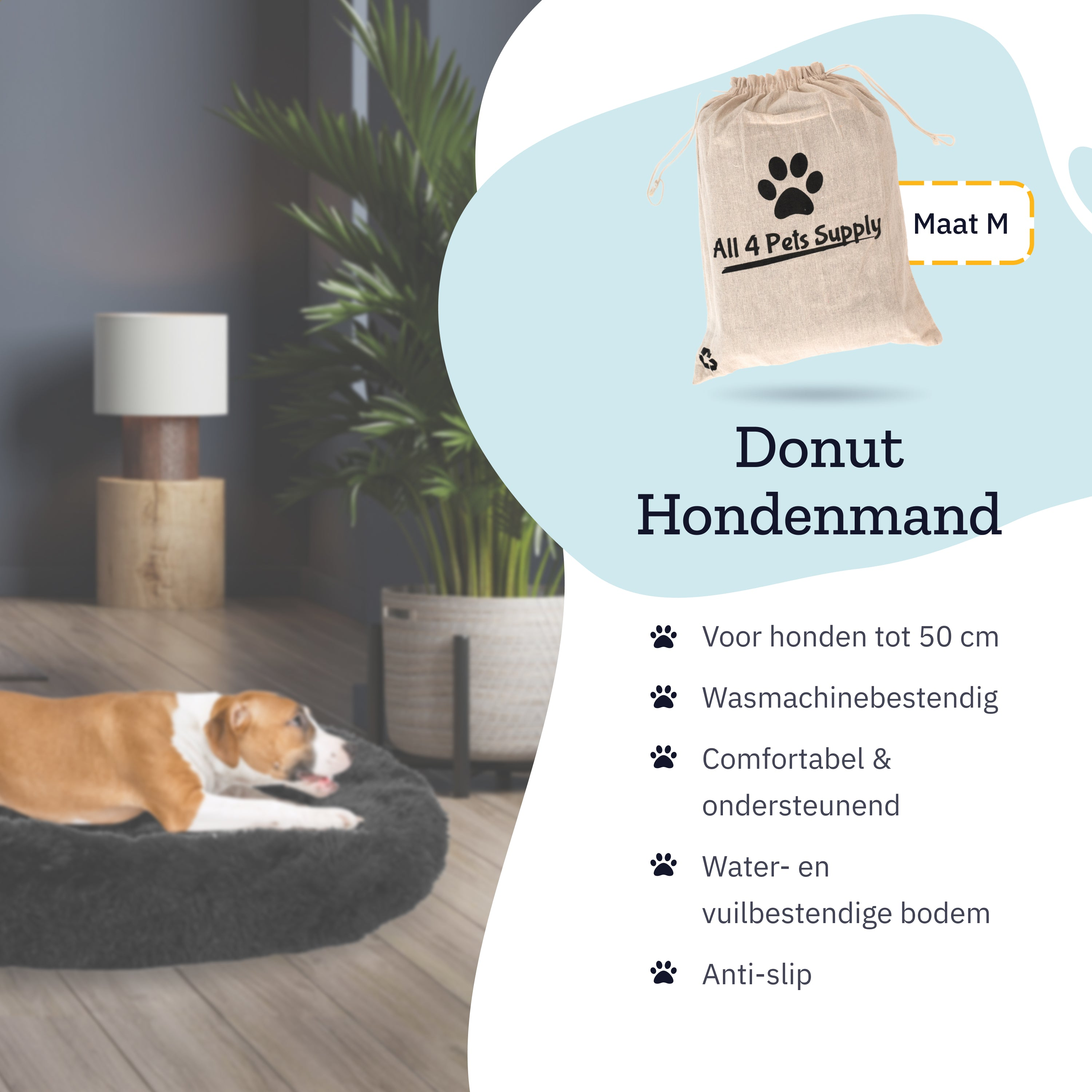 Ein Hundebett mit einem Hund darauf und eine Zeichnung einer Tasche.