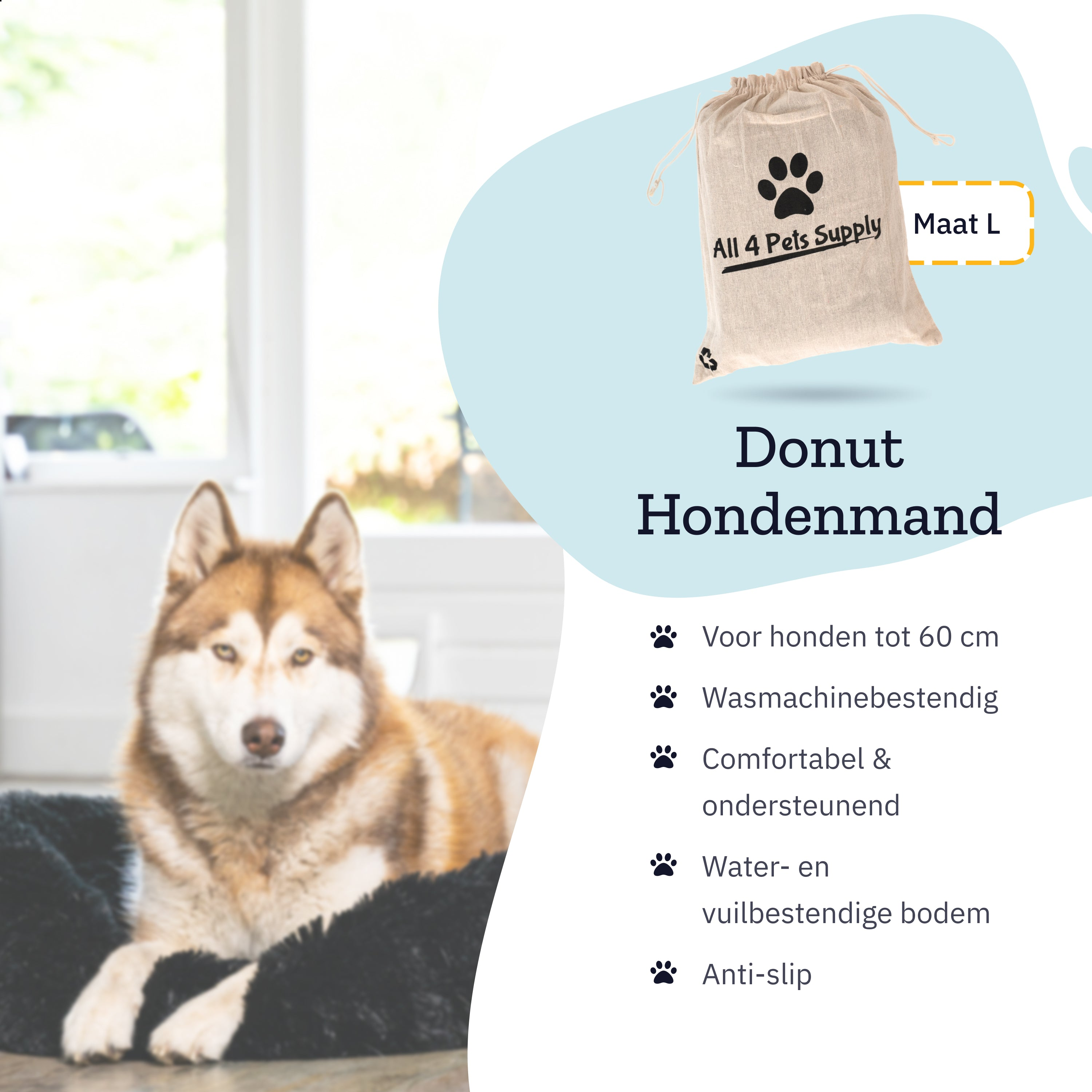 Dog bed with a dog, with text in Dutch: Donut dog bed, washable, anti-slip, etc.