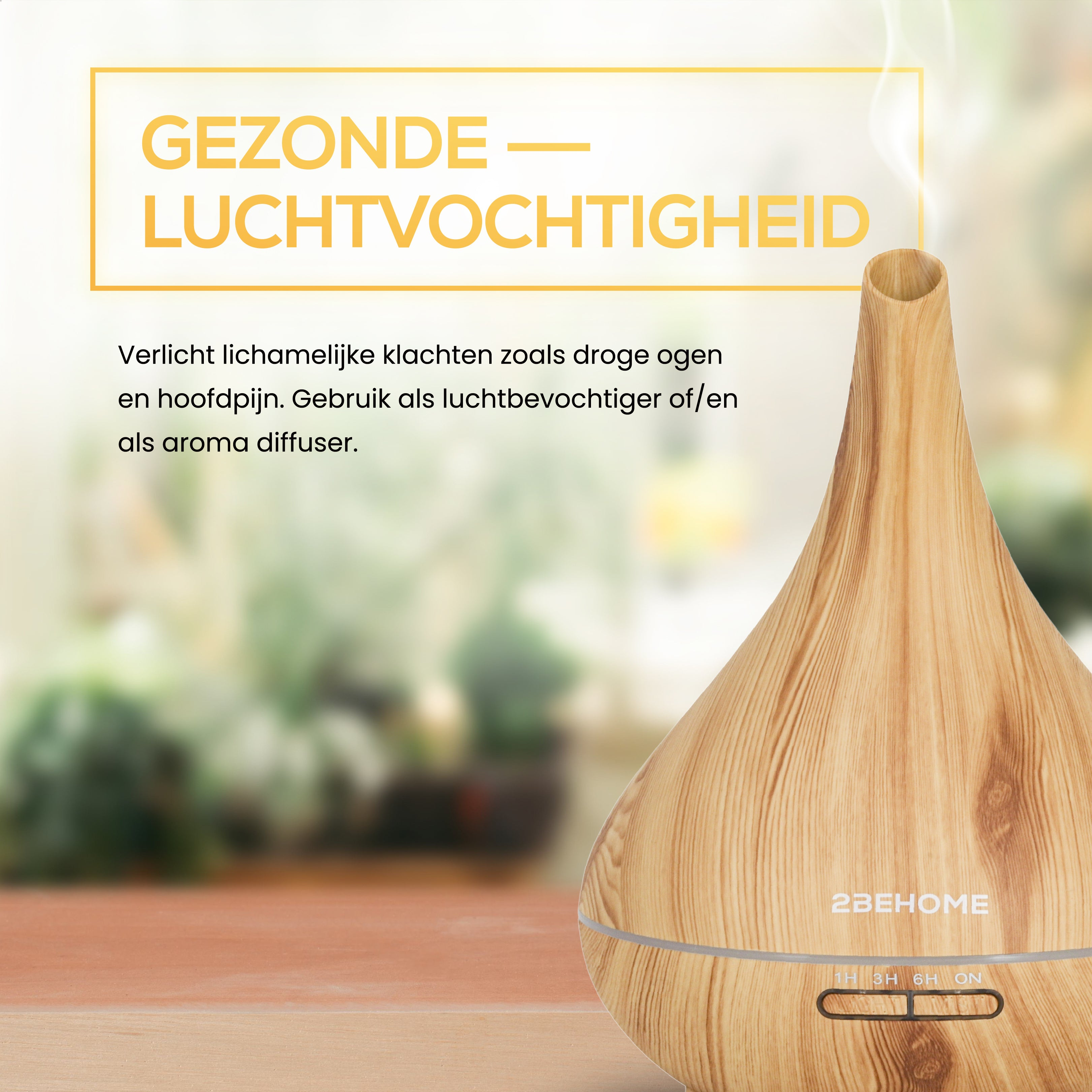 Wooden-look aroma diffuser on a wooden surface. Text about healthy humidity is present.