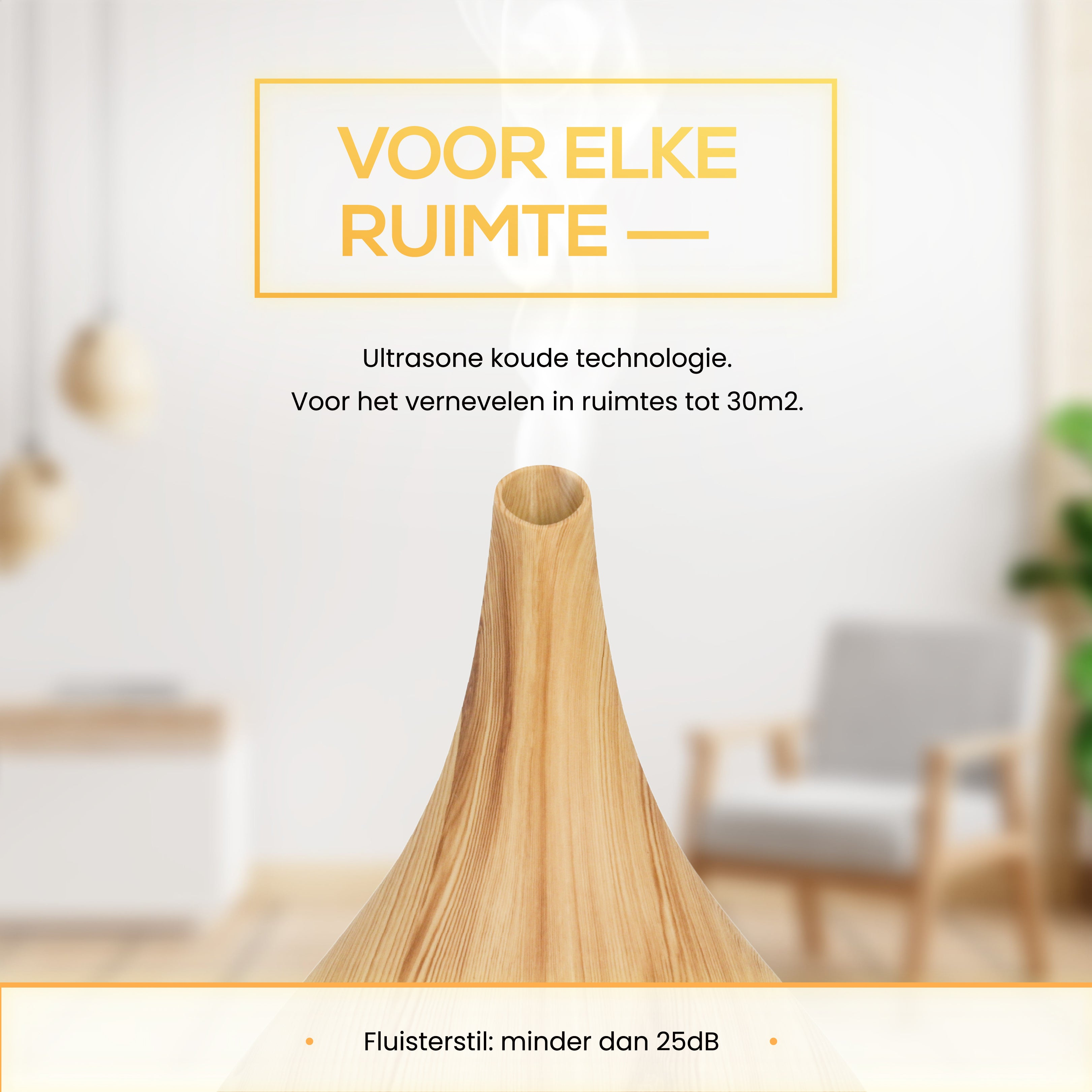 A wooden diffuser with an elegant shape. Text in German about the product and its features.