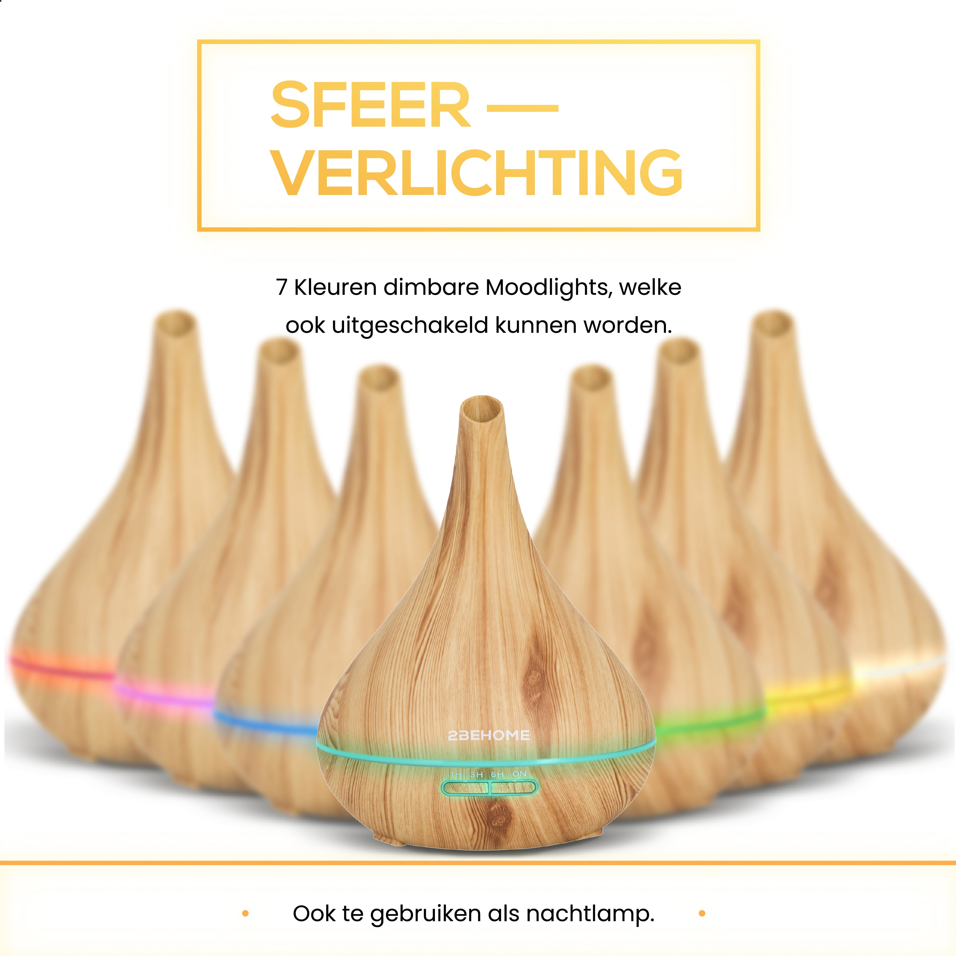 Several wooden aroma diffusers with color-changing lights, arranged in a row.