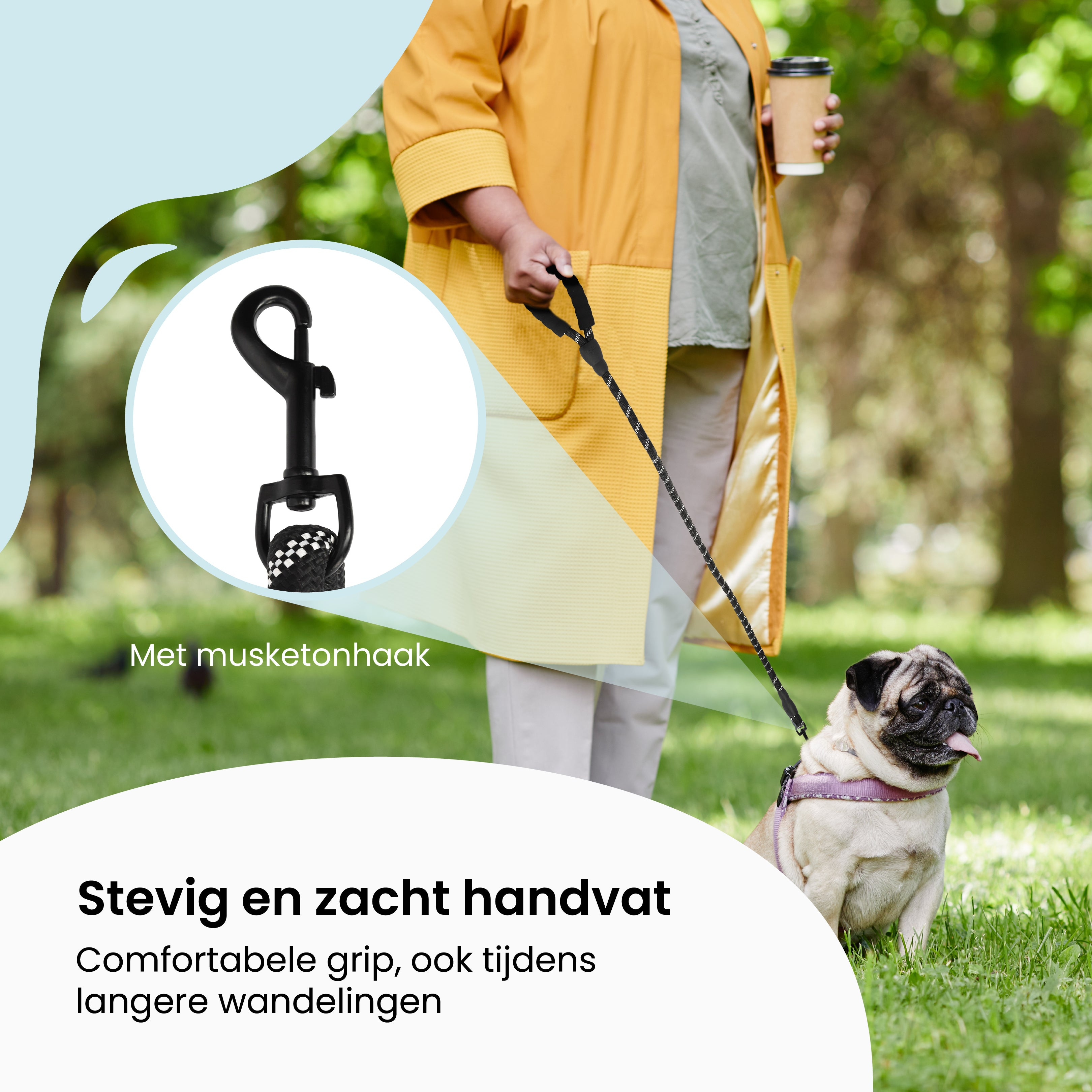 A person walking a pug on a leash with a black handle and hook.