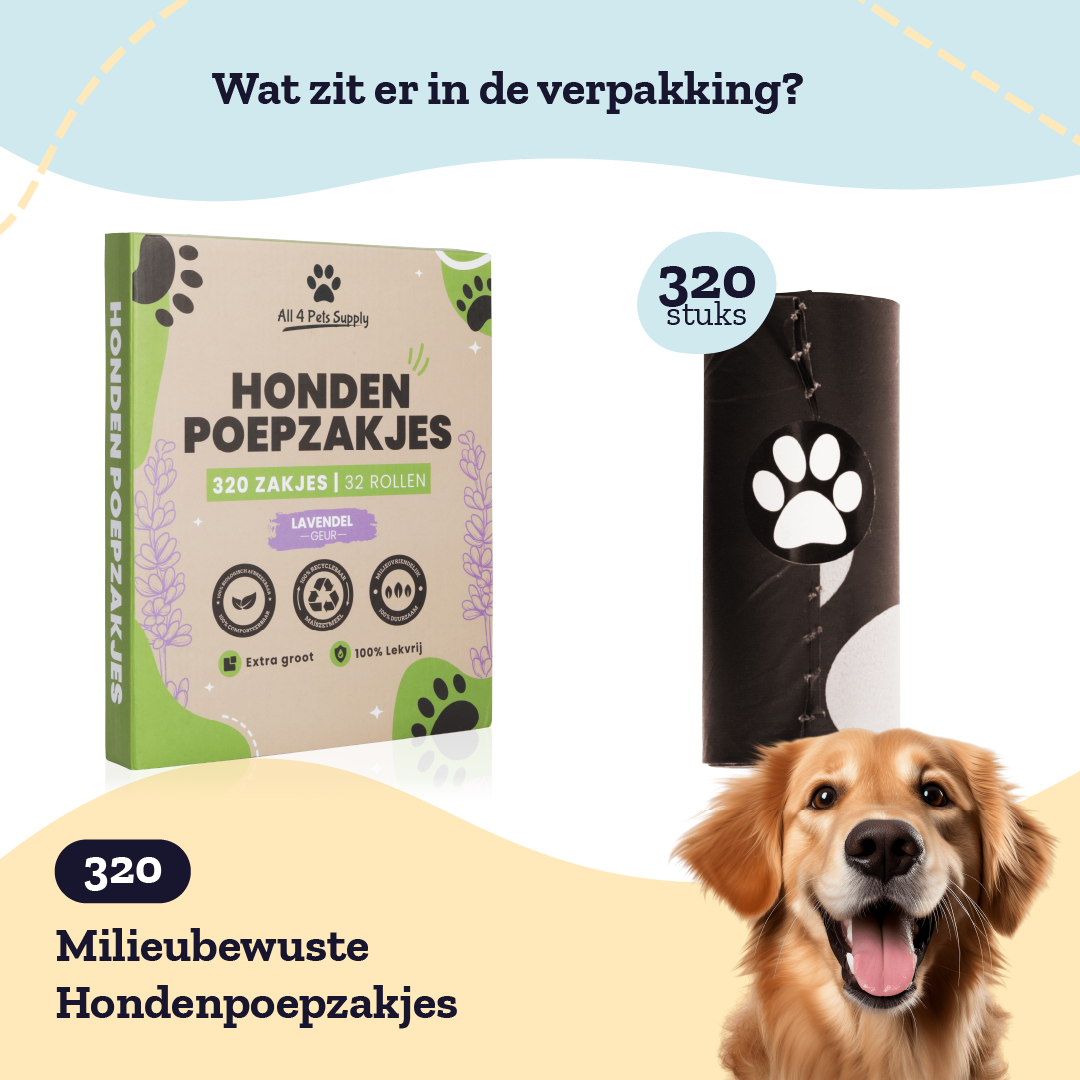 Hundekotbeutel und Spender. Ein Hund lächelt unten rechts.