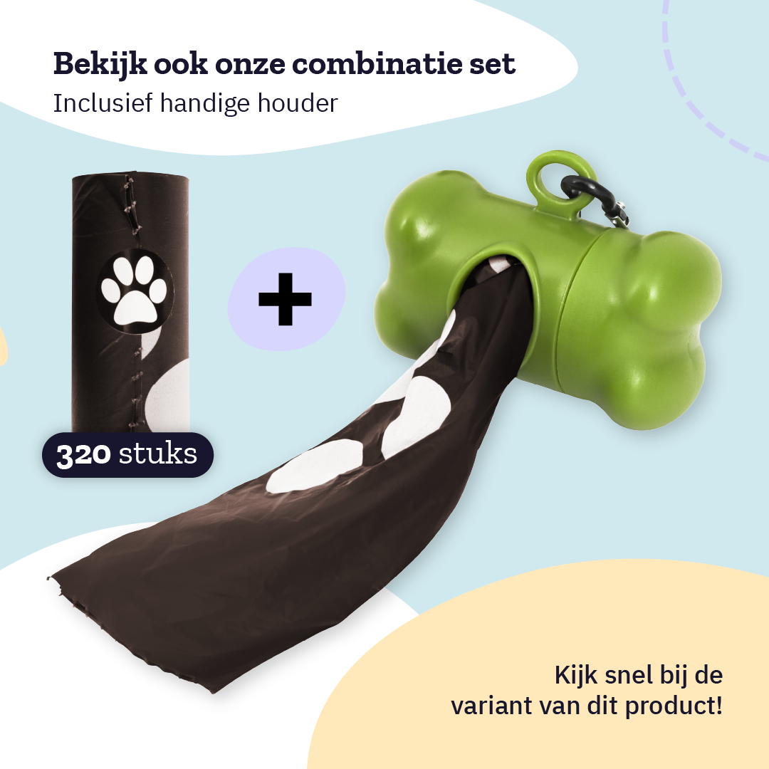 Ein Hundekotbeutelspender und eine Rolle Beutel mit Pfotenabdrücken.