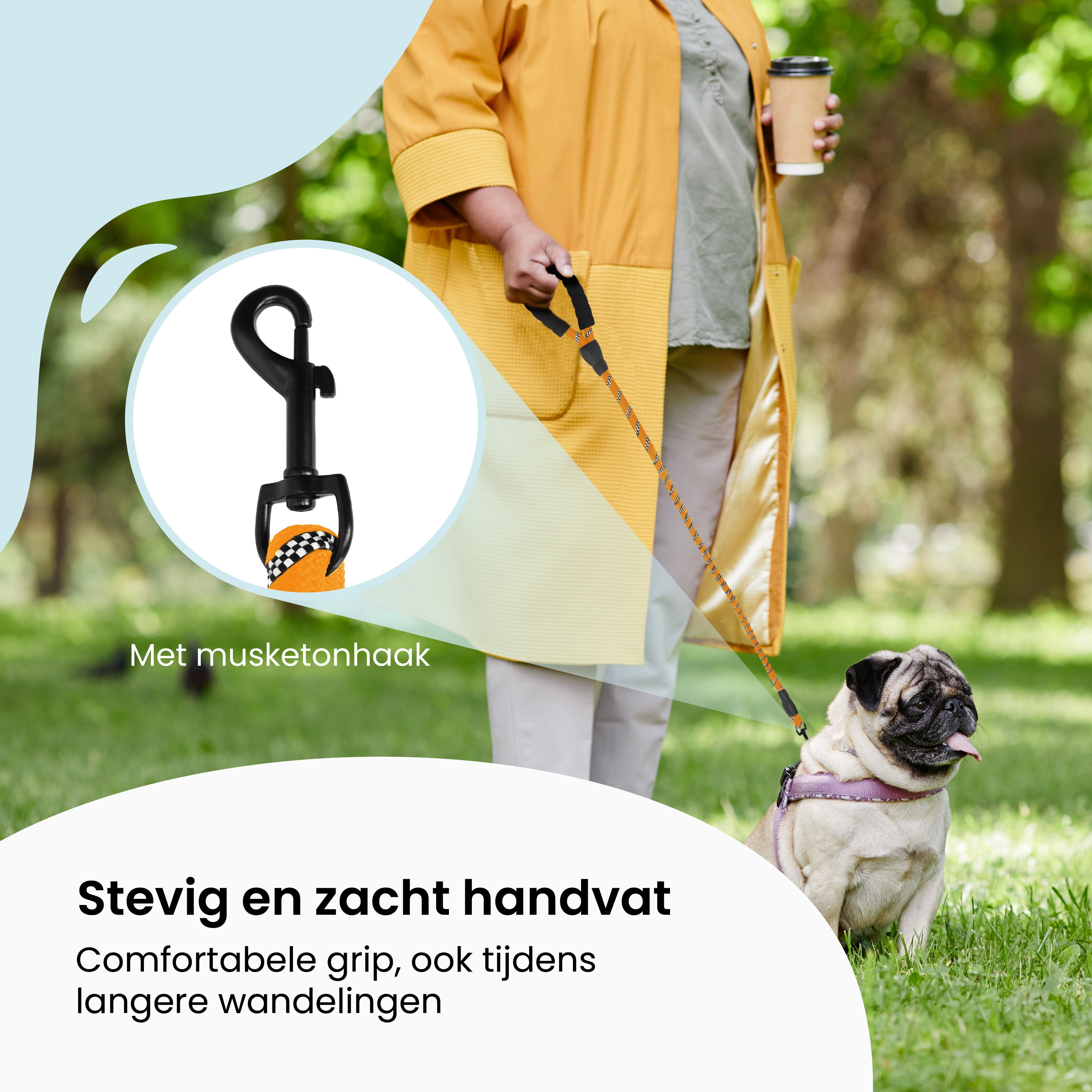 A woman walking a pug on a leash. The leash has a black handle and a clip. The background is a park.