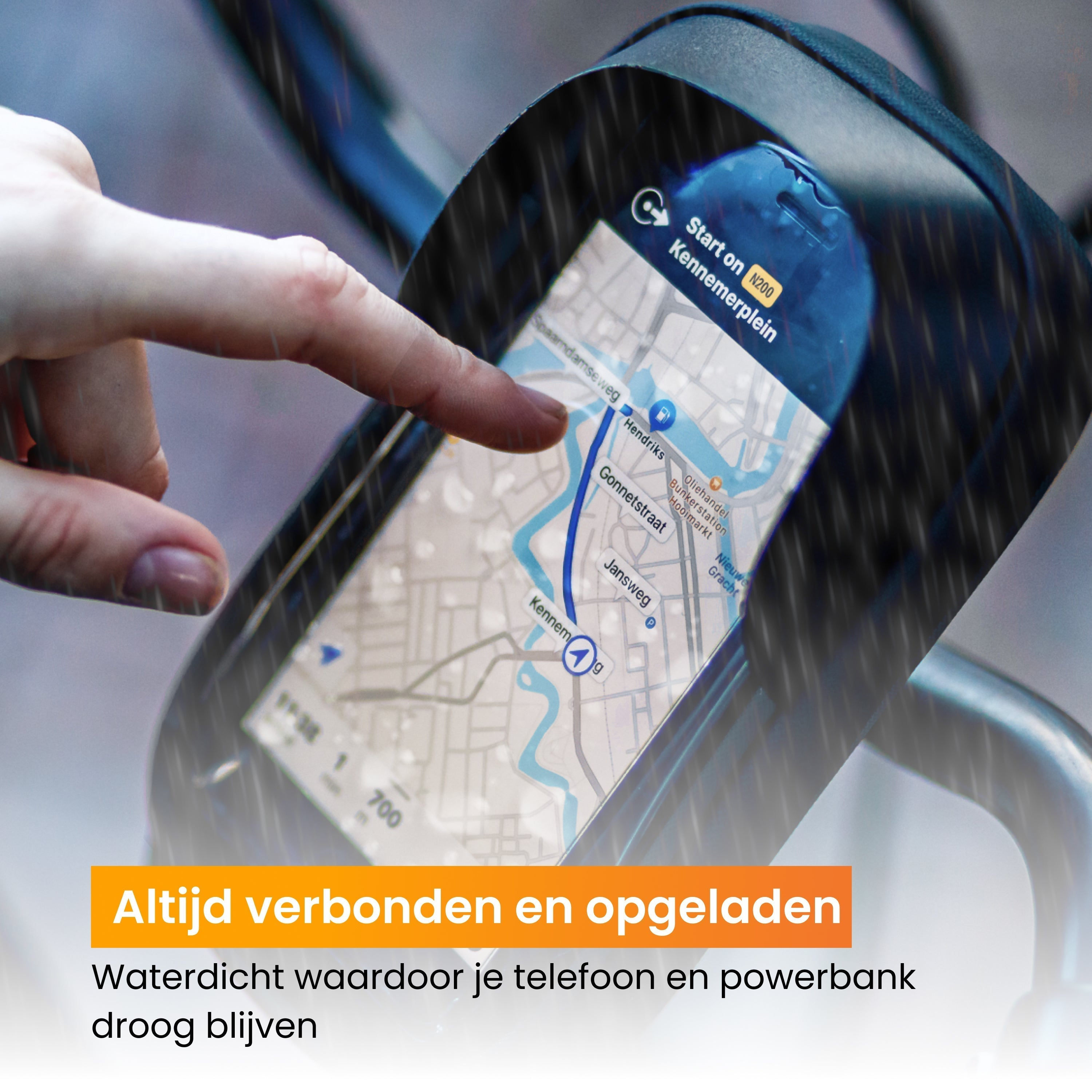 Fietsstuur met telefoonscherm met kaart en tekst.