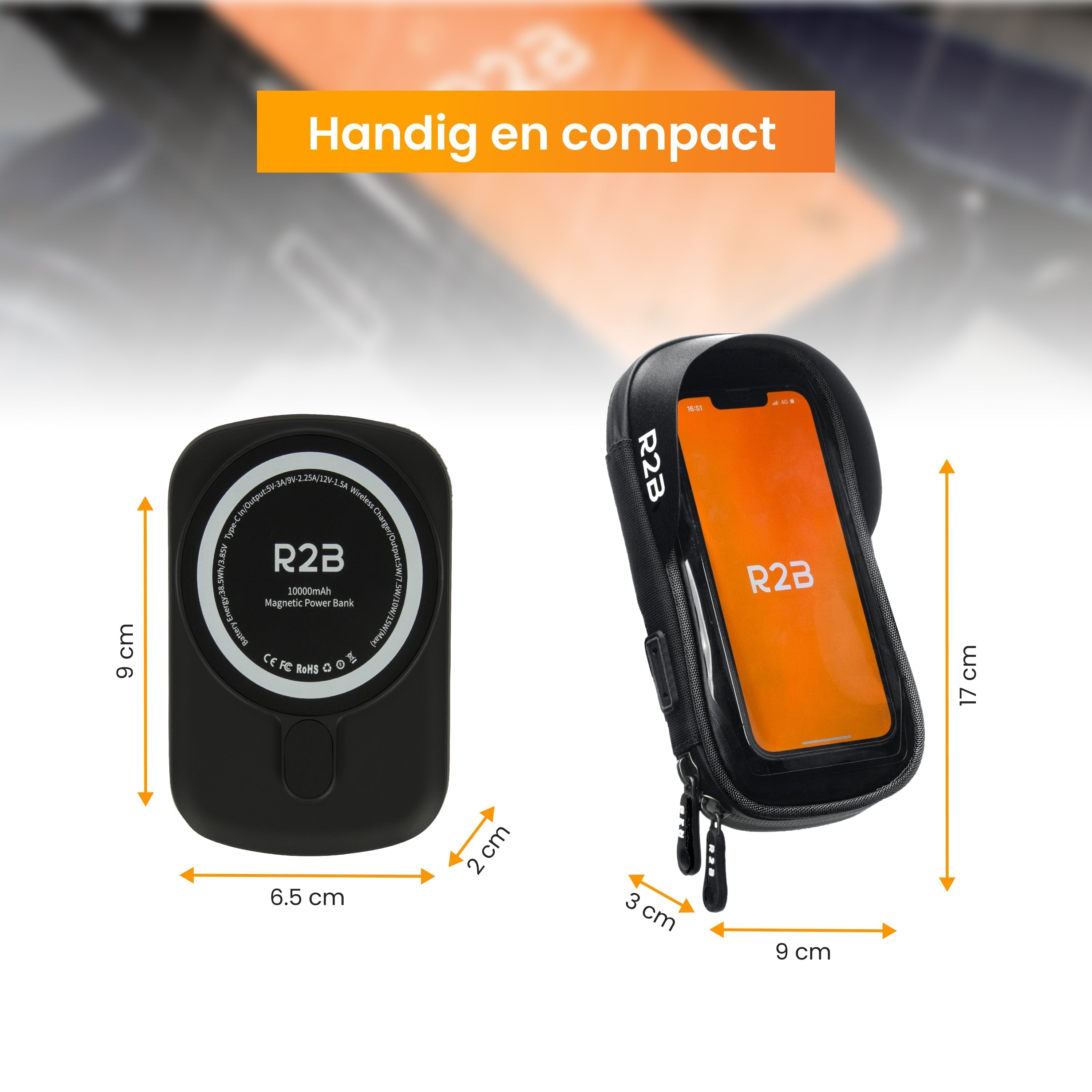 Een zwarte magnetische powerbank en een zwarte telefoonhoes met een telefoon erin, beide met afmetingen.
