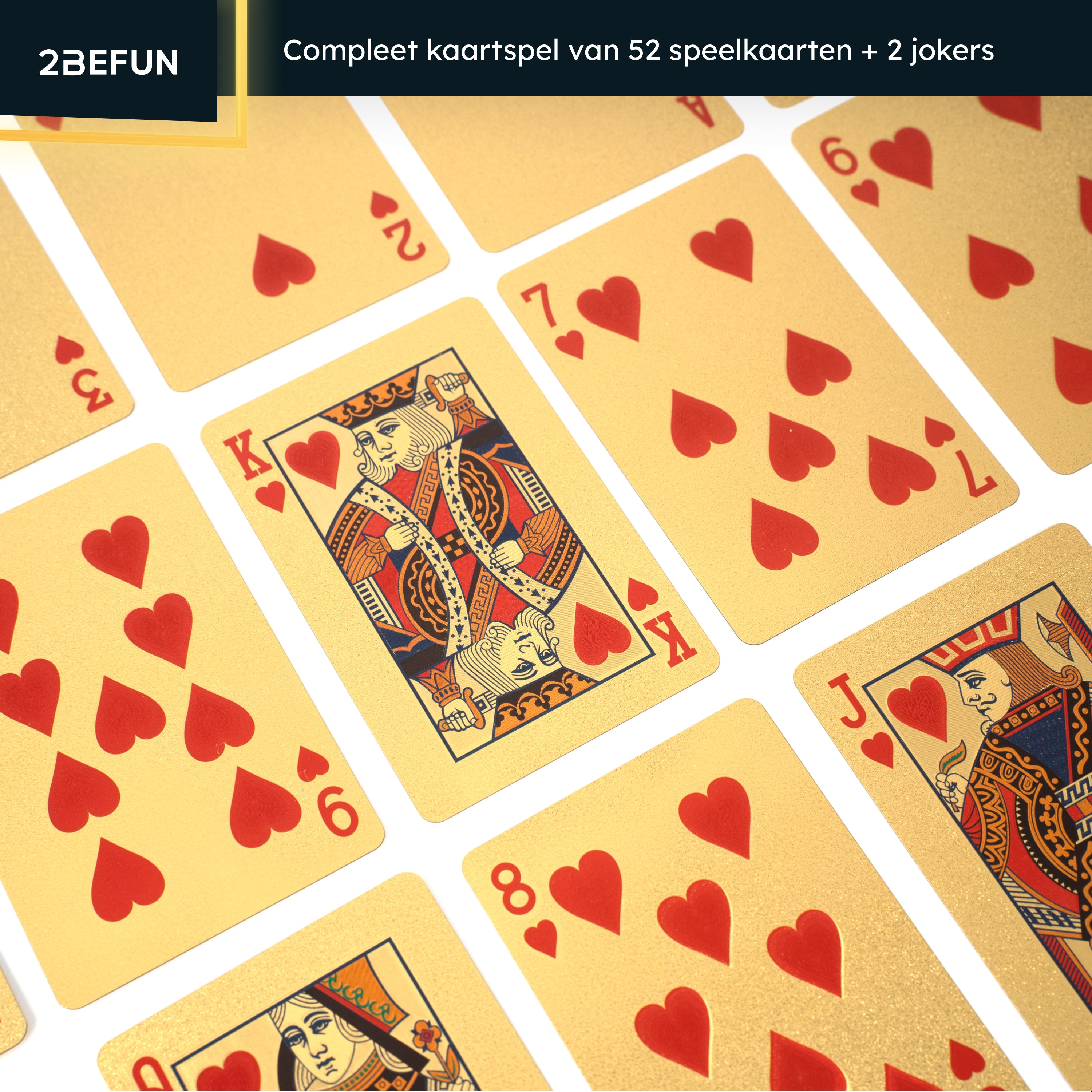 Golden playing cards with red heart symbols, with a king and a queen.