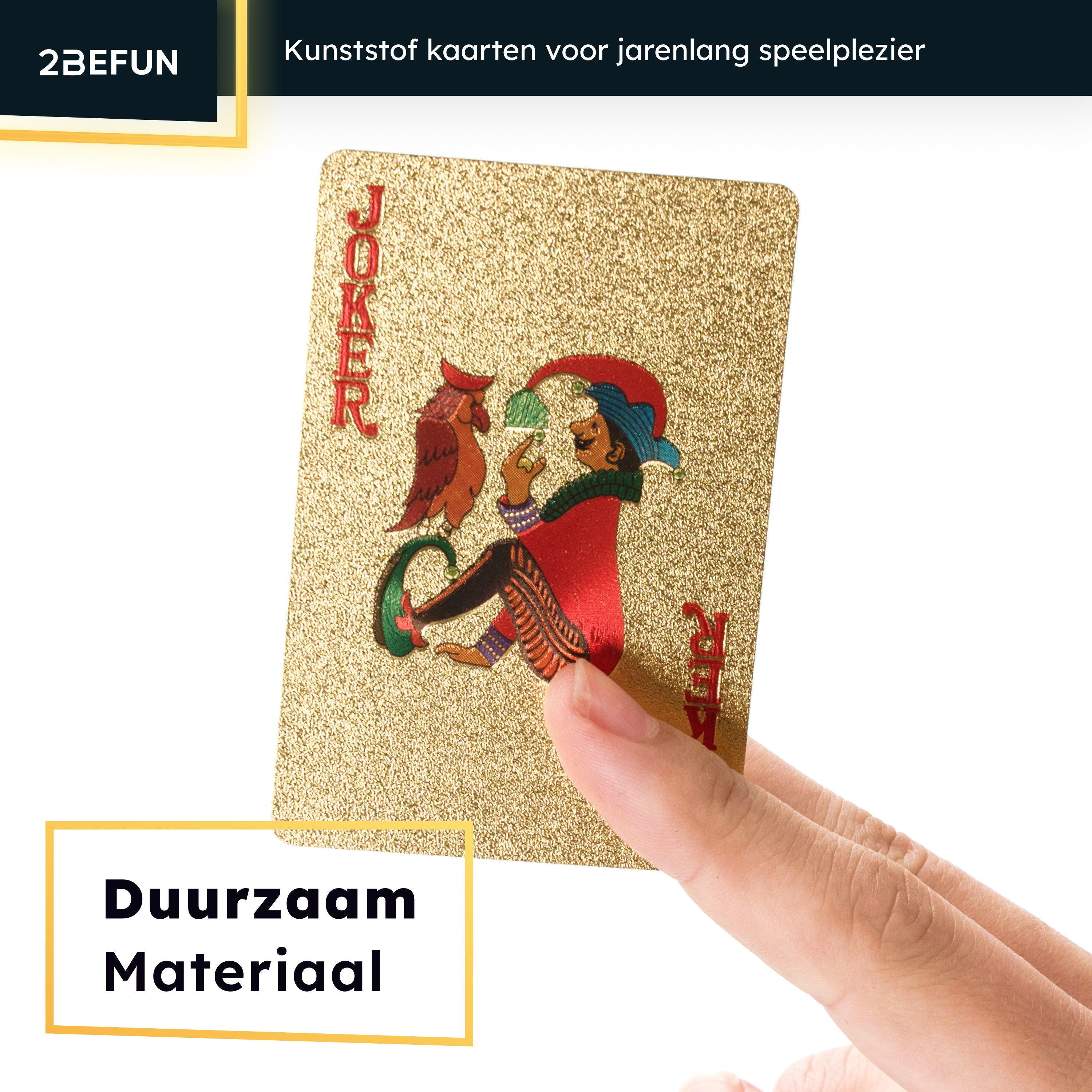 Gold playing card with a Joker and text. A hand is holding the card. 