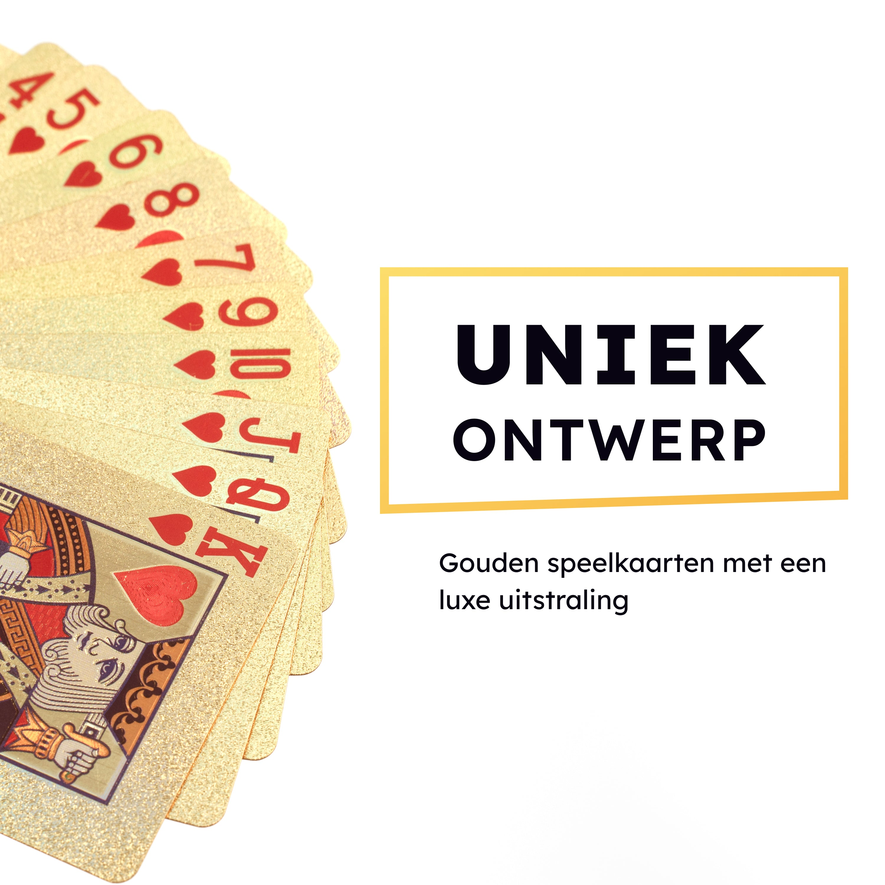 Golden playing cards fanned out. The text on the right says: UNIQUE DESIGN, Golden playing cards with a luxurious appearance.