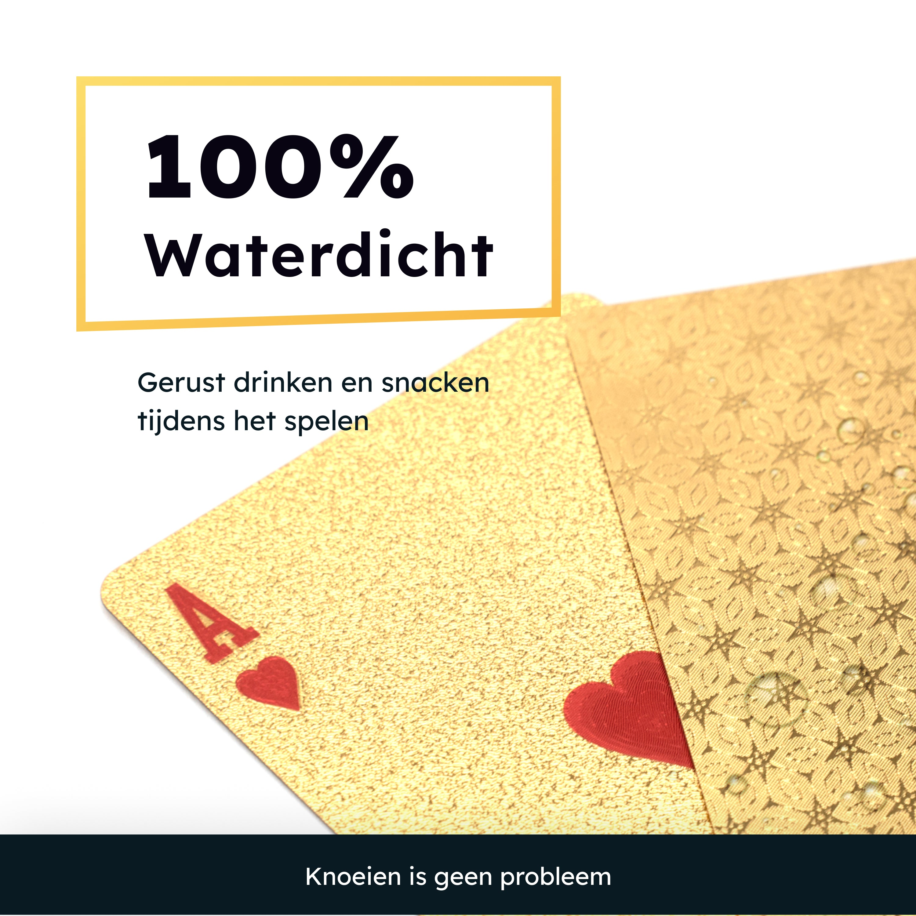 Gold playing cards with water droplets, red ace of hearts visible.