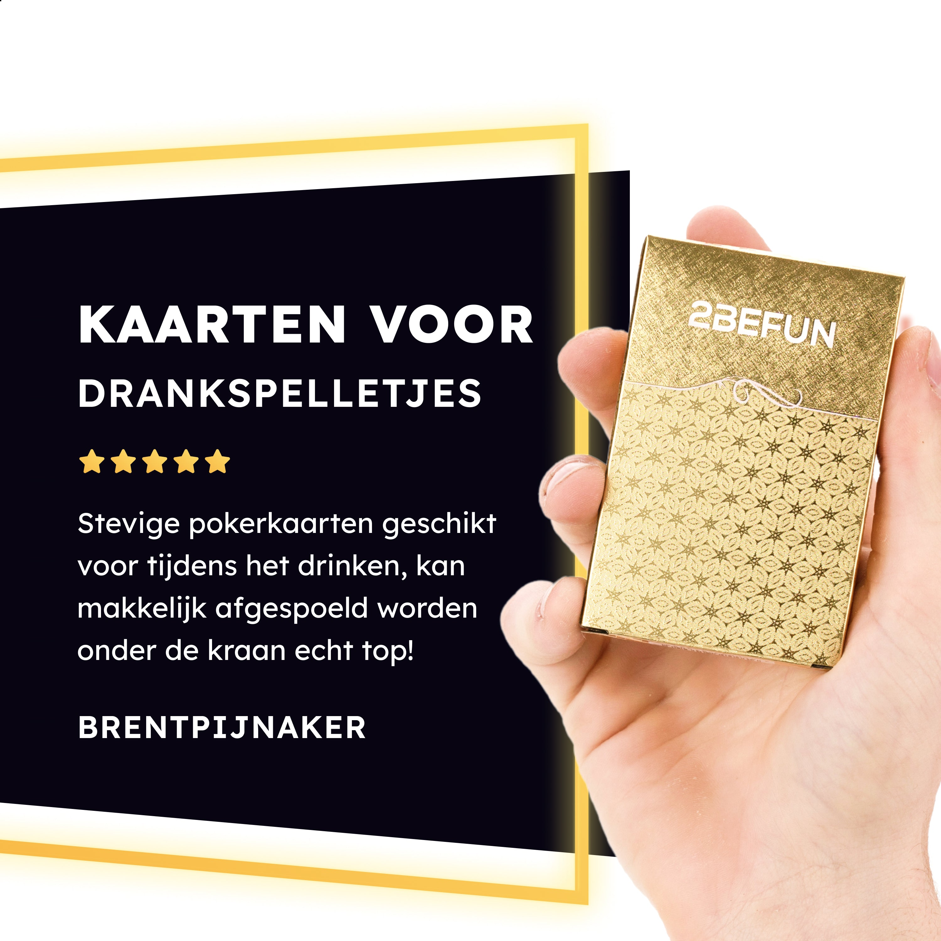 Gold card box with text on a hand.