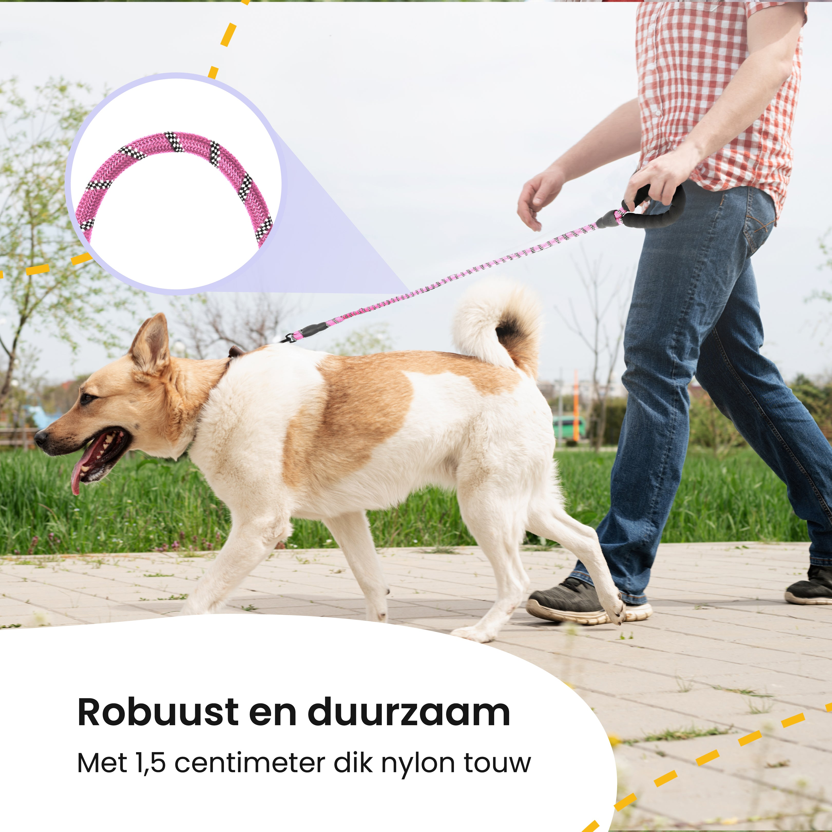 A person walking a dog with a pink leash. The dog is brown and white. They are on a path.