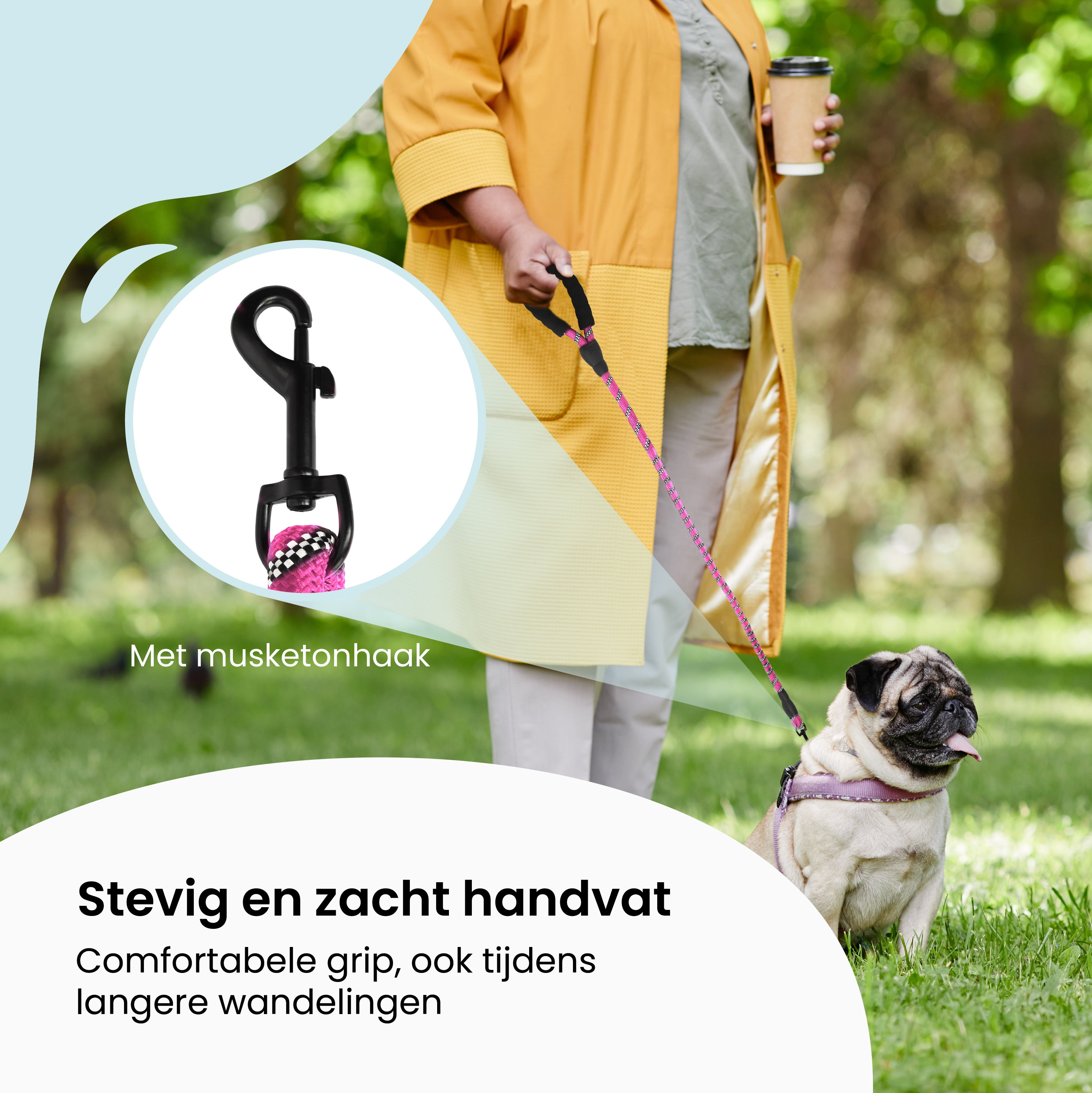 A person holding a leash attached to a pug, with a close-up of the leash's clip.