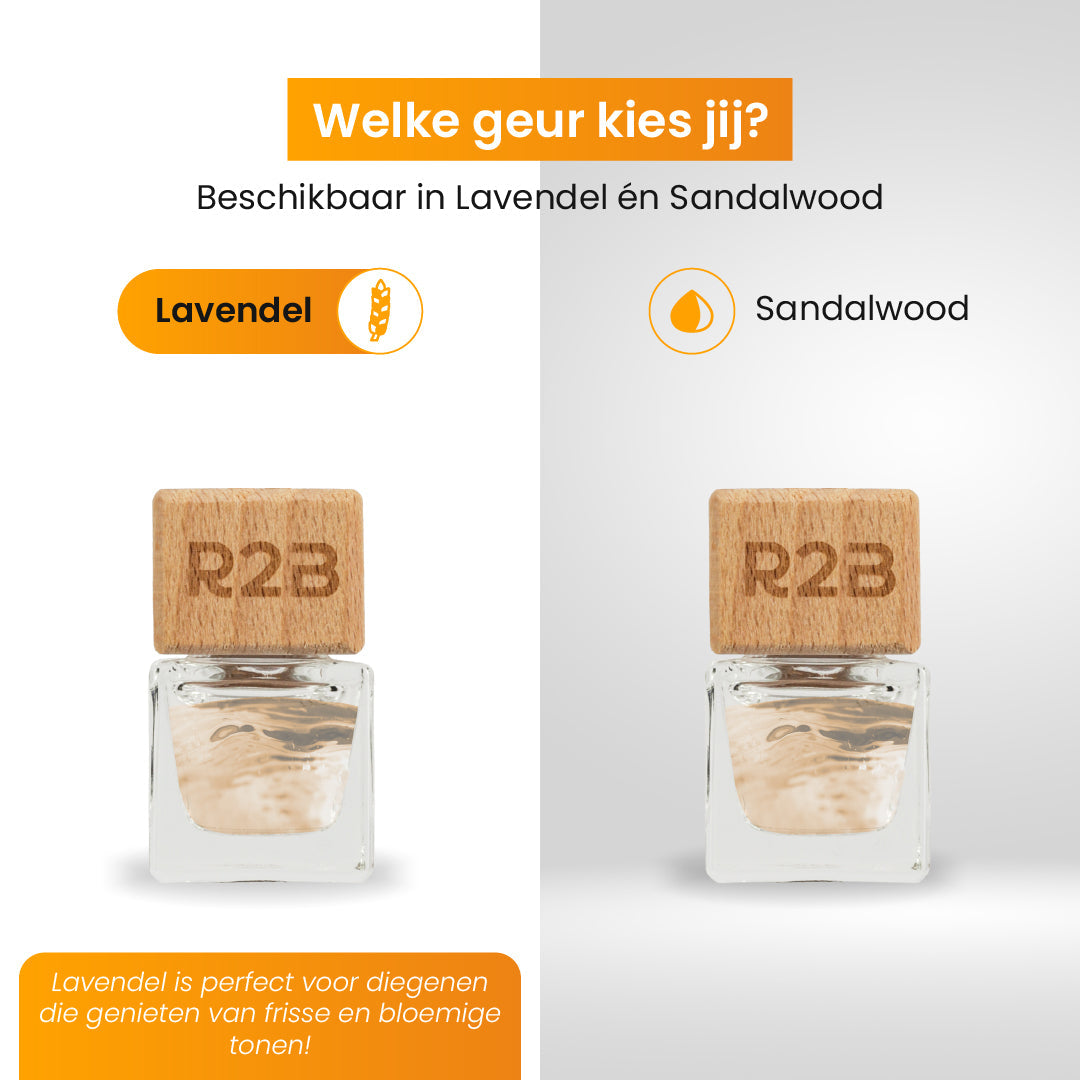 Two perfume bottles, lavender and sandalwood scents, with labels.