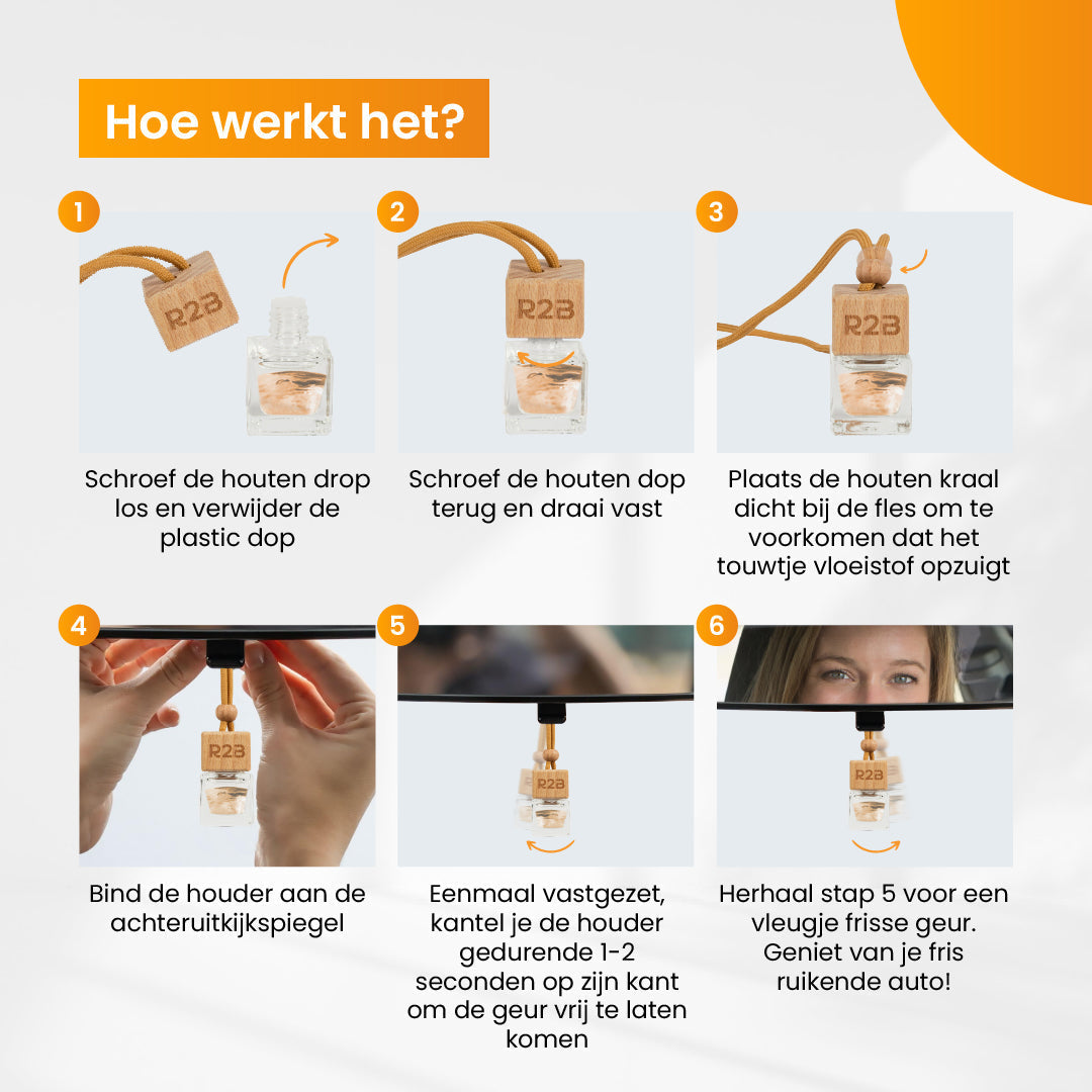 A step-by-step guide on how to use a car air freshener, showing the bottle, the wooden drop, and the mirror.