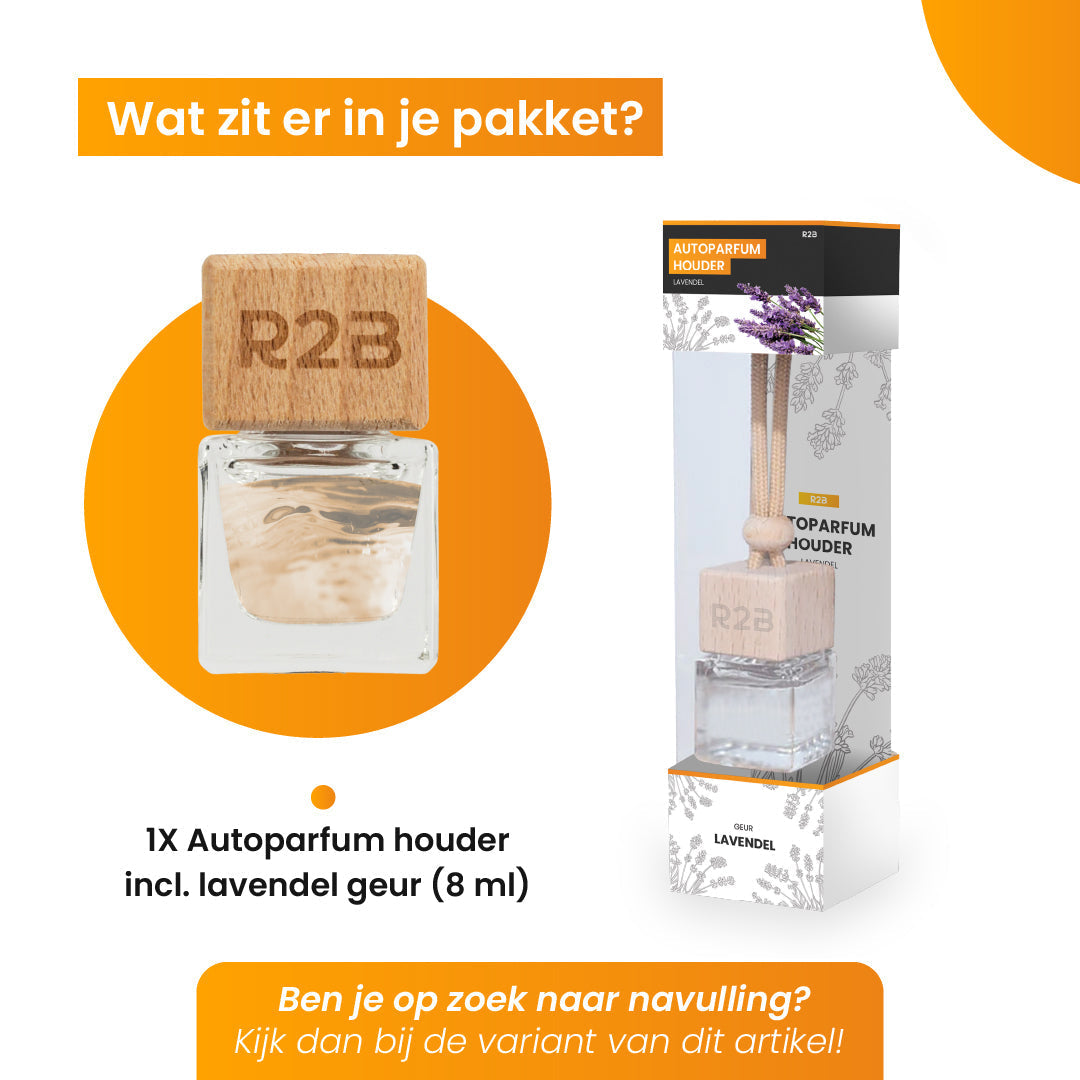 An air freshener and its packaging are shown. The packaging has a lavender scent description.