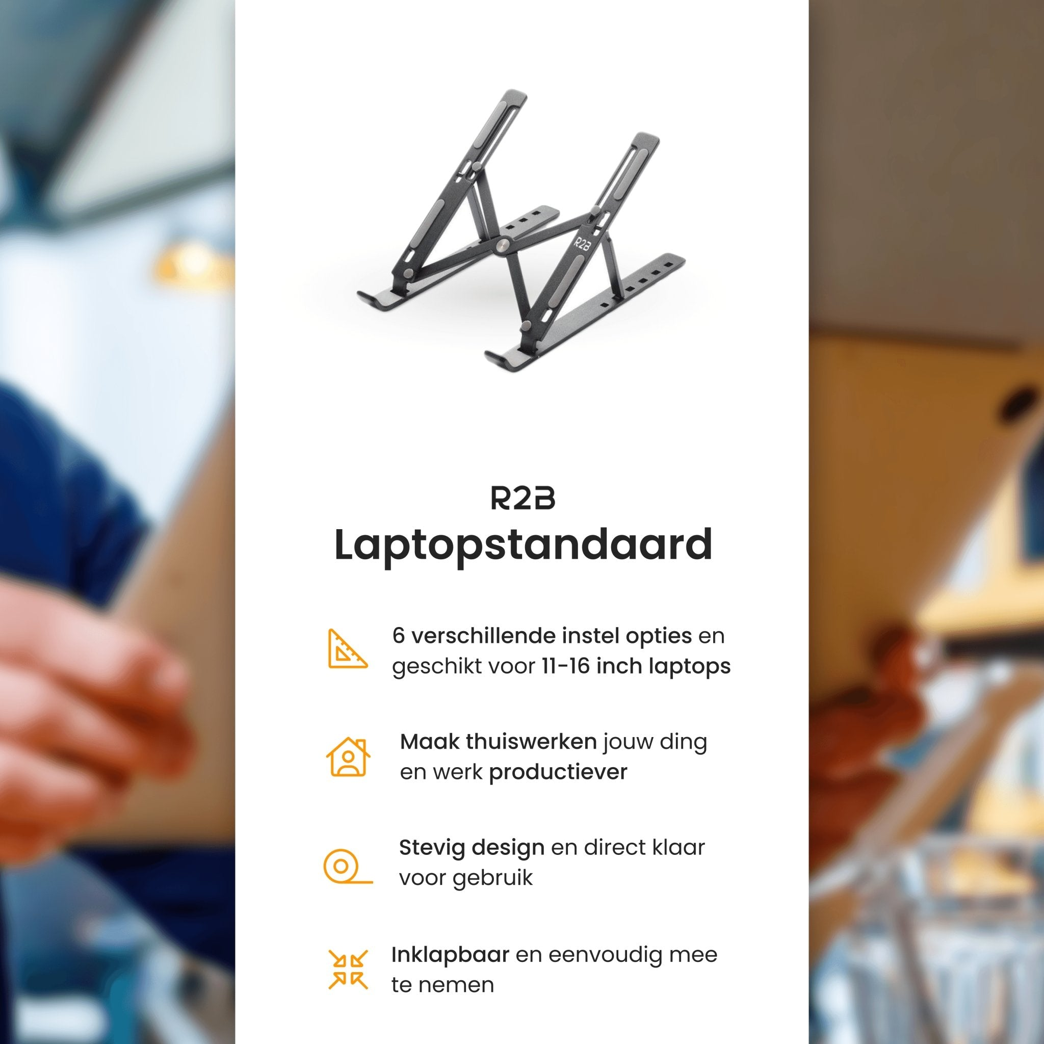 Laptopstandaard met tekst. Een zwarte standaard met een laptop. De tekst is 'R2B Laptopstand'.