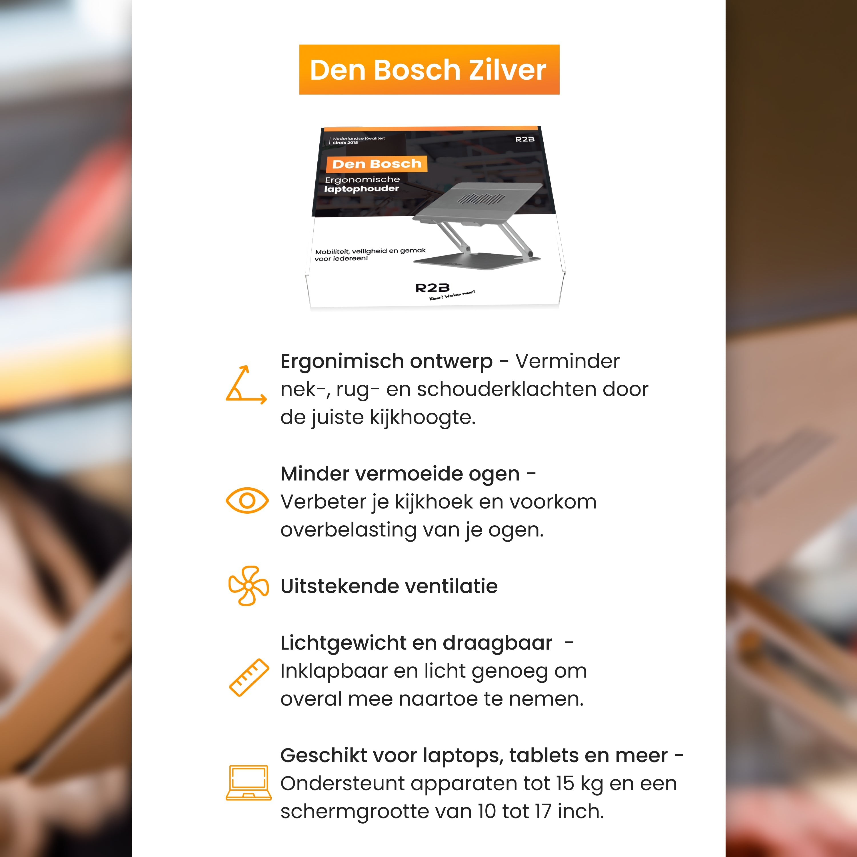 Een laptopstandaard met beschrijvingen, een kleine laptop is bovenop geplaatst.