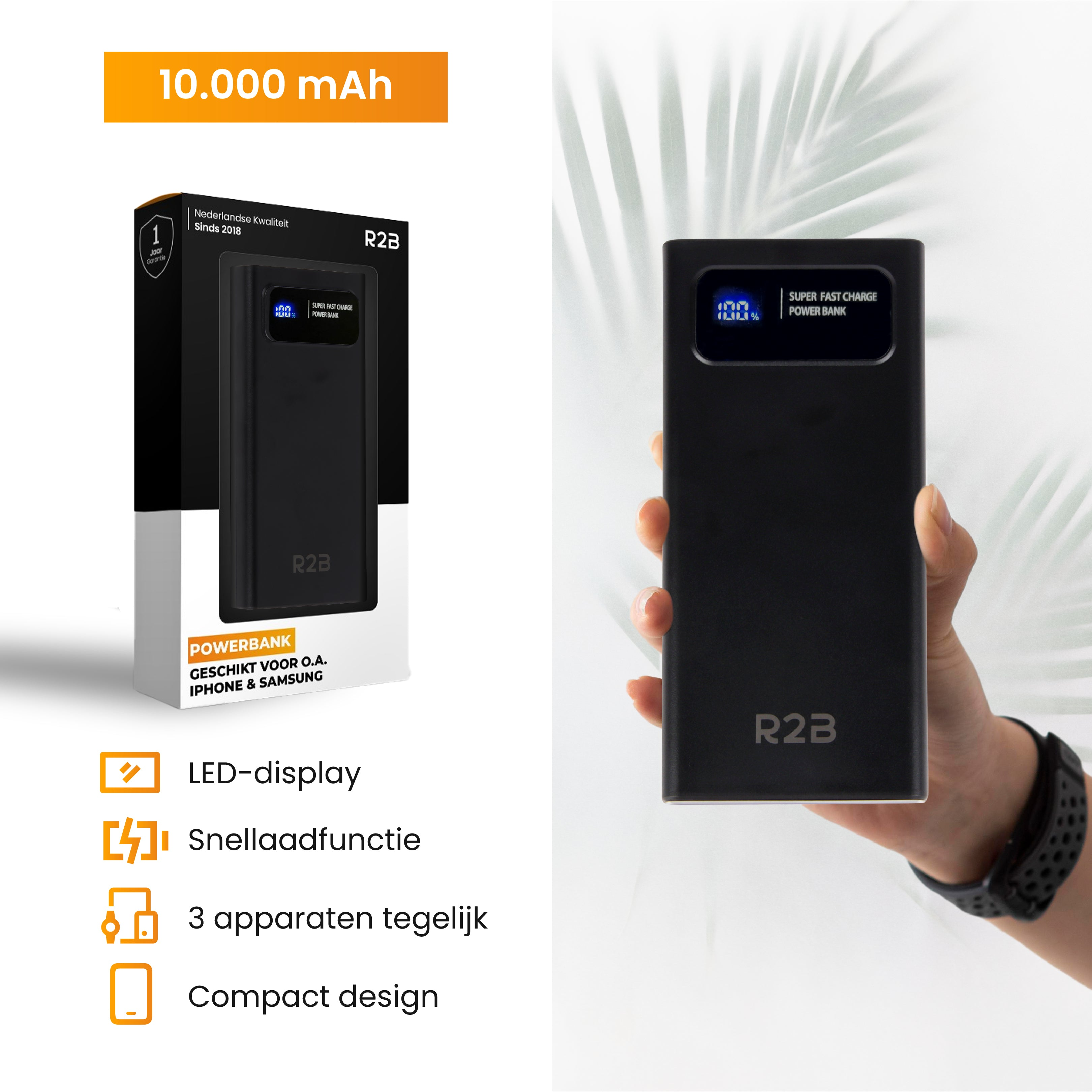 Batterie externe noire avec affichage LED indiquant une charge de 100 %. Le texte indique « Super Fast Charge Power Bank ».