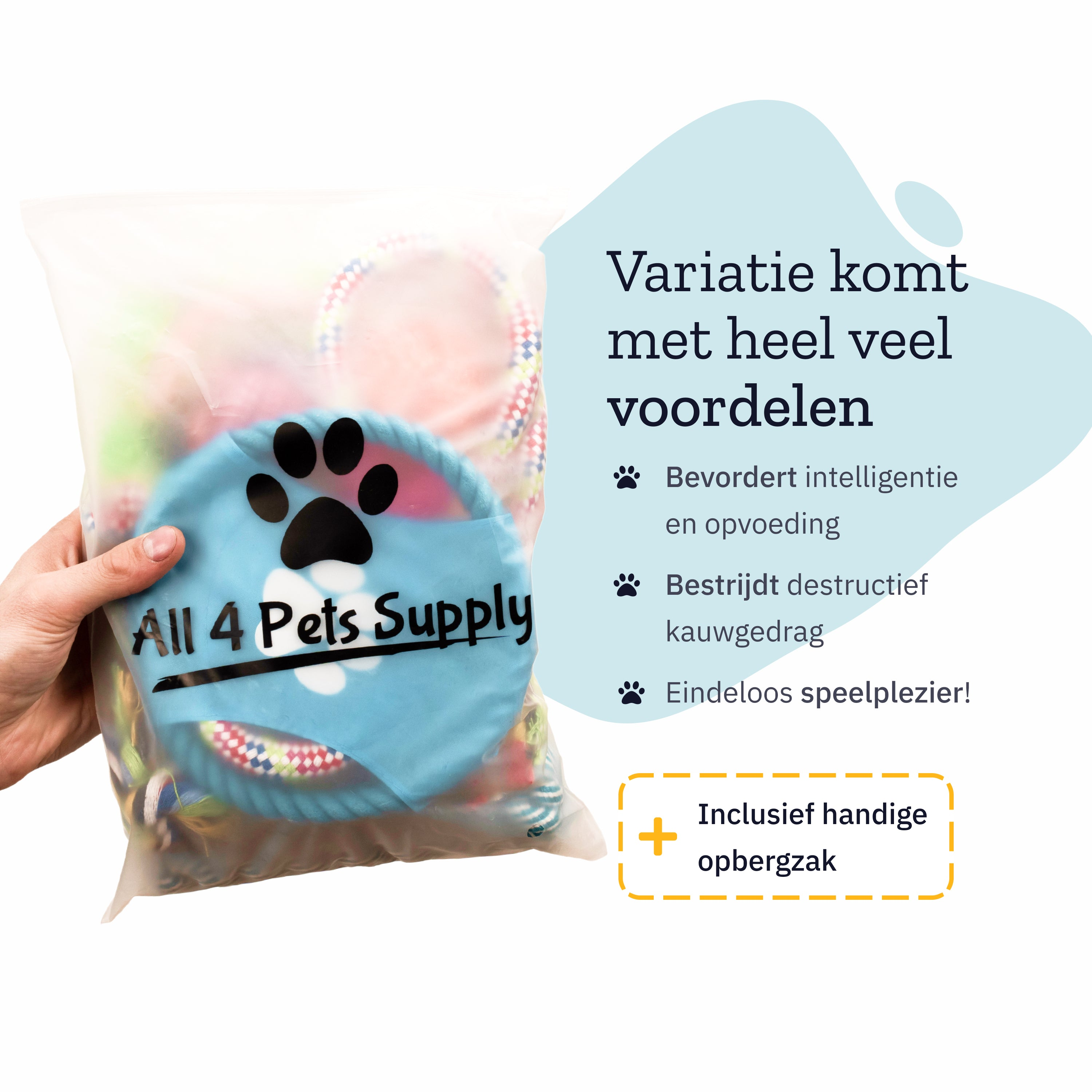 Bag of dog toys. Blue frisbee with paw print. Text: Variety comes with many benefits.