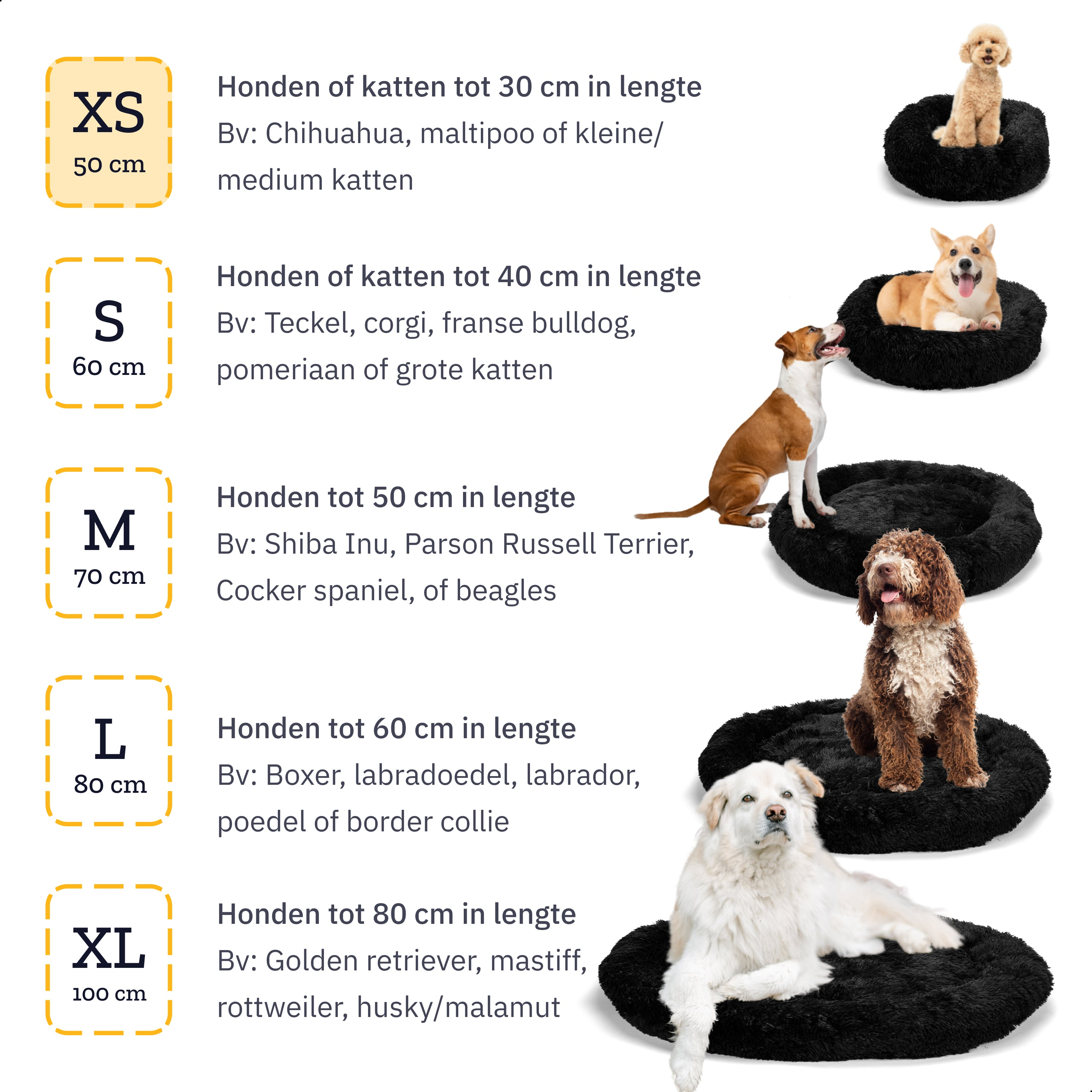Diagram of dog beds and dogs by size. XS, S, M, L, XL sizes are listed with dog breed examples.