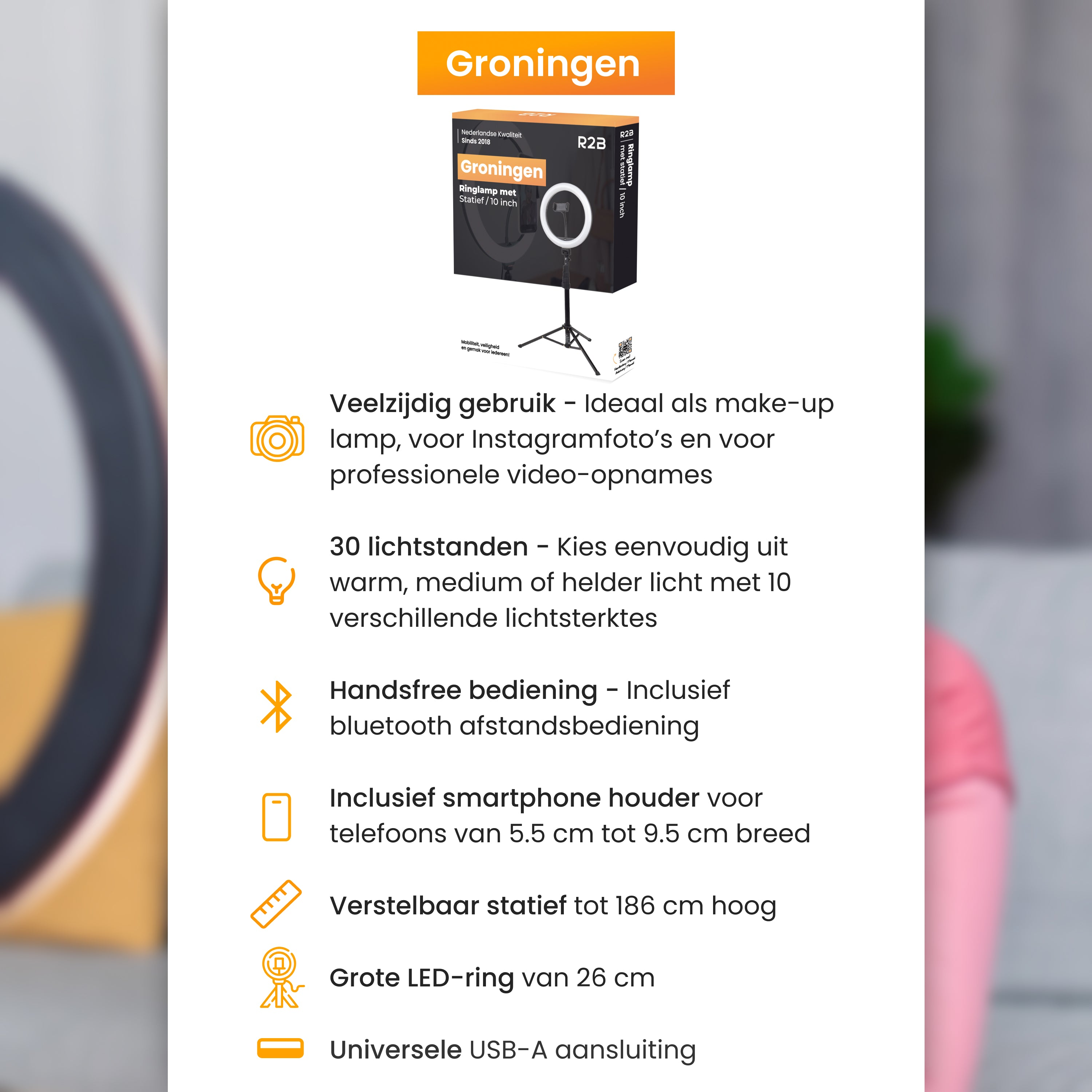 A ring light with a phone holder, a stand, and a remote control.