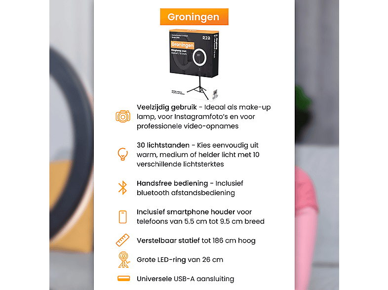 AGM Ring Light 35,5 cm met statief, bluetooth-afstandsbediening