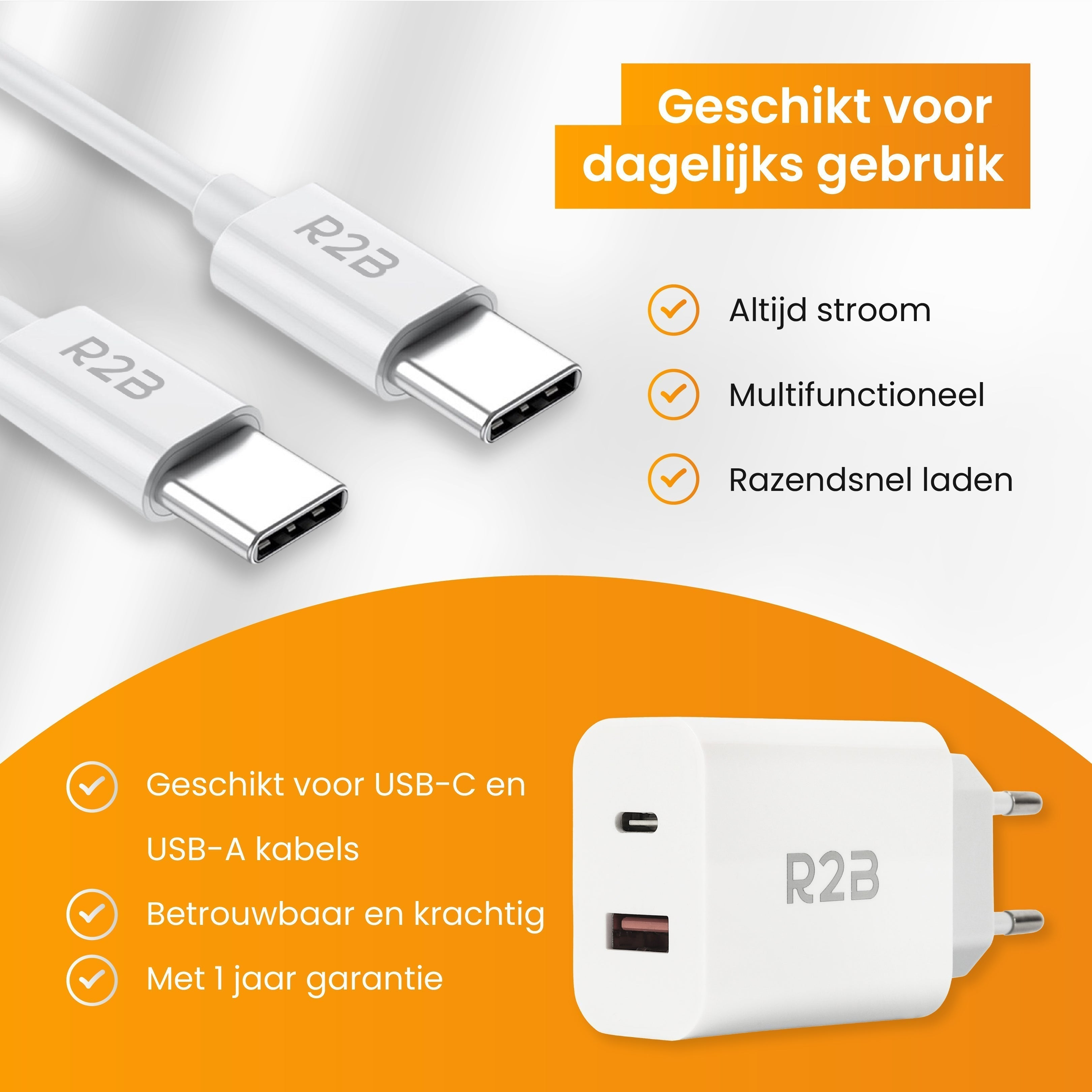Deux câbles USB-C et un chargeur blanc. Le texte comprend USB-C, charge rapide et garantie.