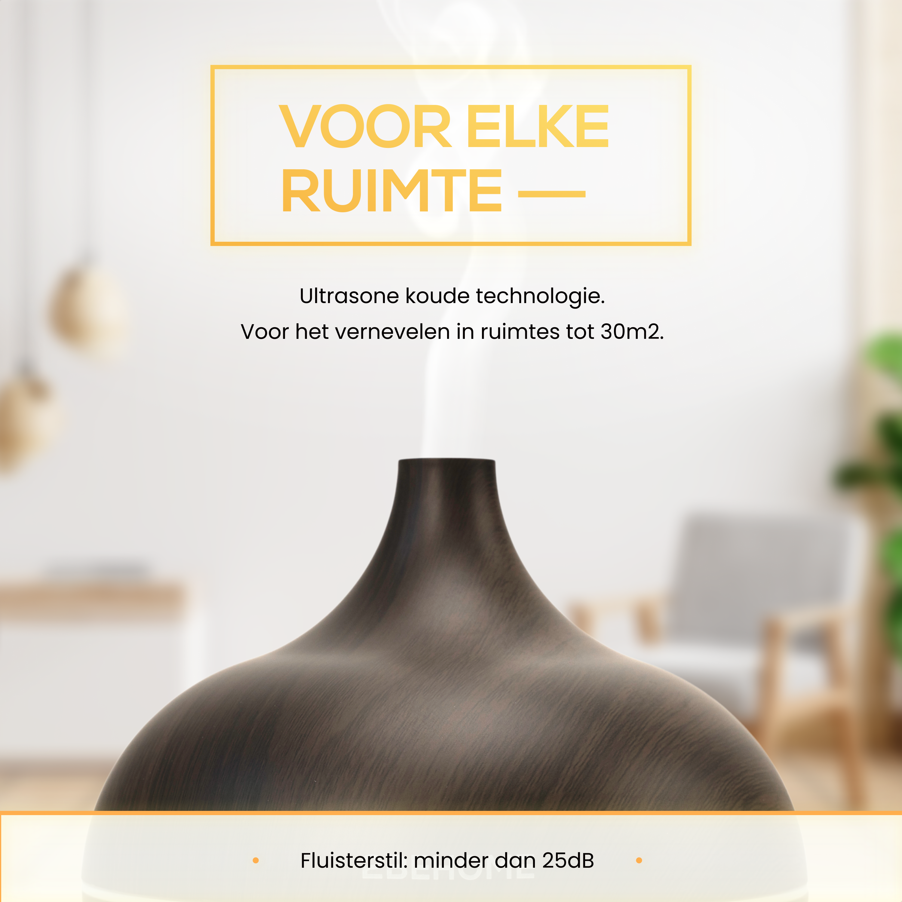 A modern air diffuser with a dark brown top and white base. The text reads 'Voor Elke Ruimte'.