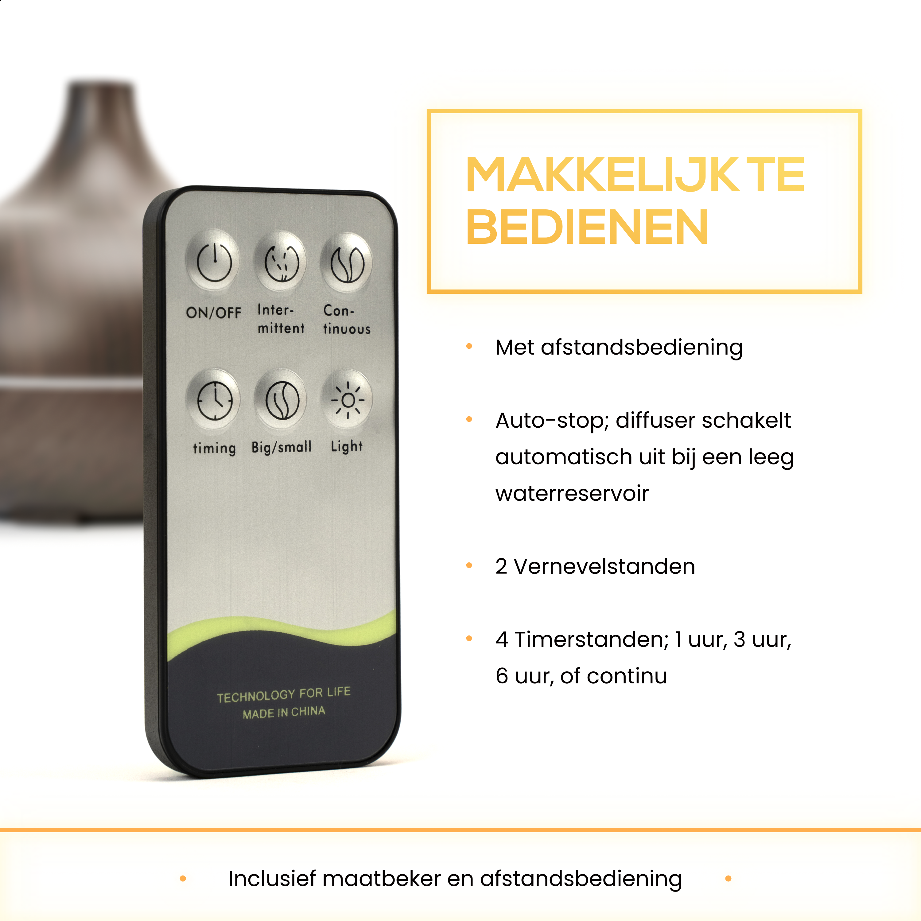 Remote control with buttons for on/off, intermittent, timing, and light functions. Text in Dutch.