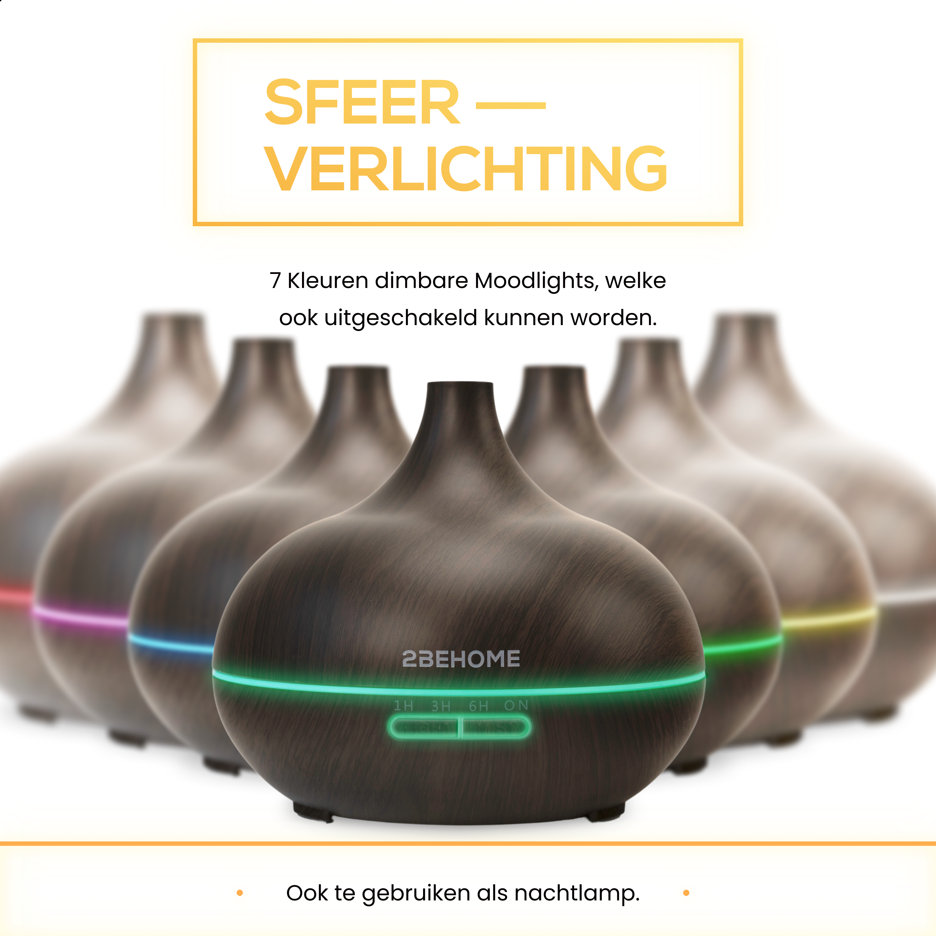 An aroma diffuser with a wooden look, with multiple units in the background. The device has a colored light at the base.