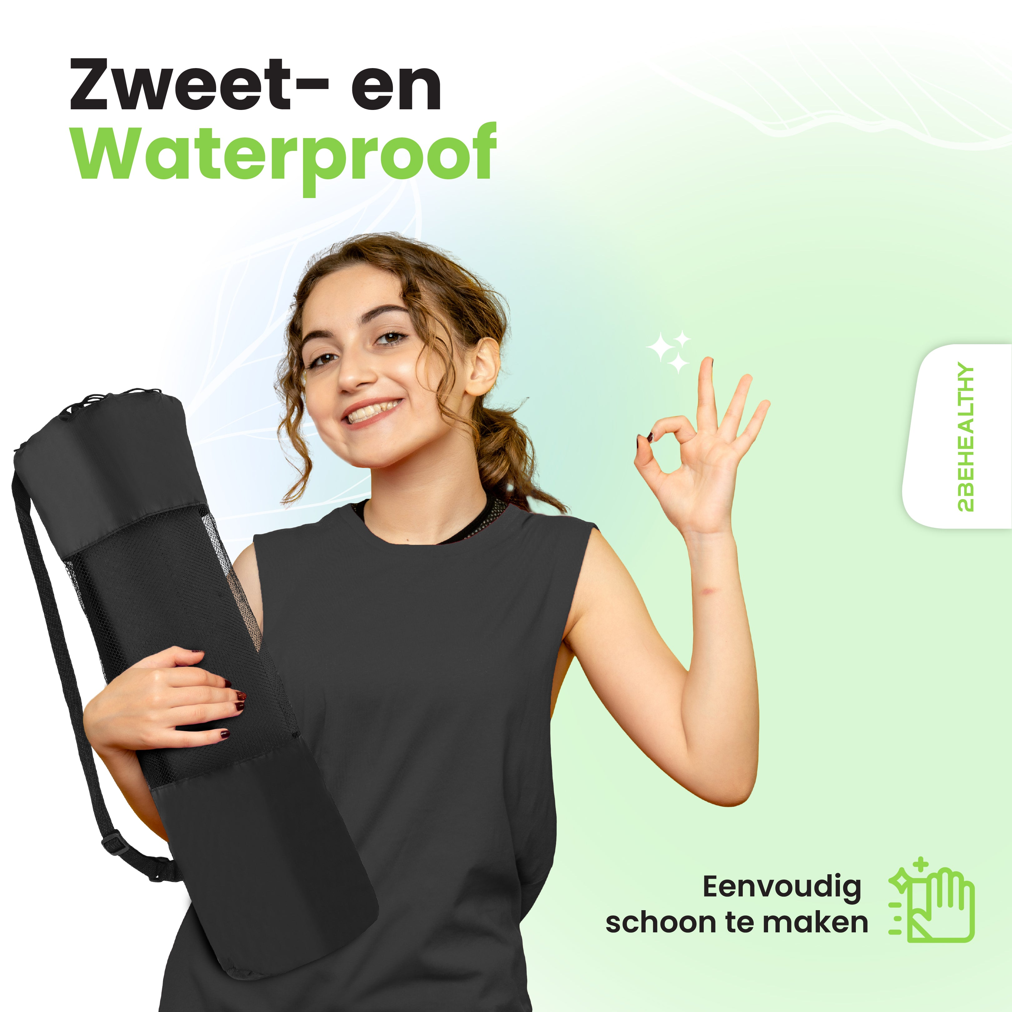 Vrouw die een yogamat vasthoudt en een OK-teken toont.