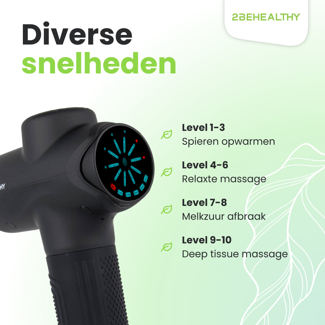 Schwarze Massagepistole mit verschiedenen Geschwindigkeitsstufen und Blatt-Symbolen.