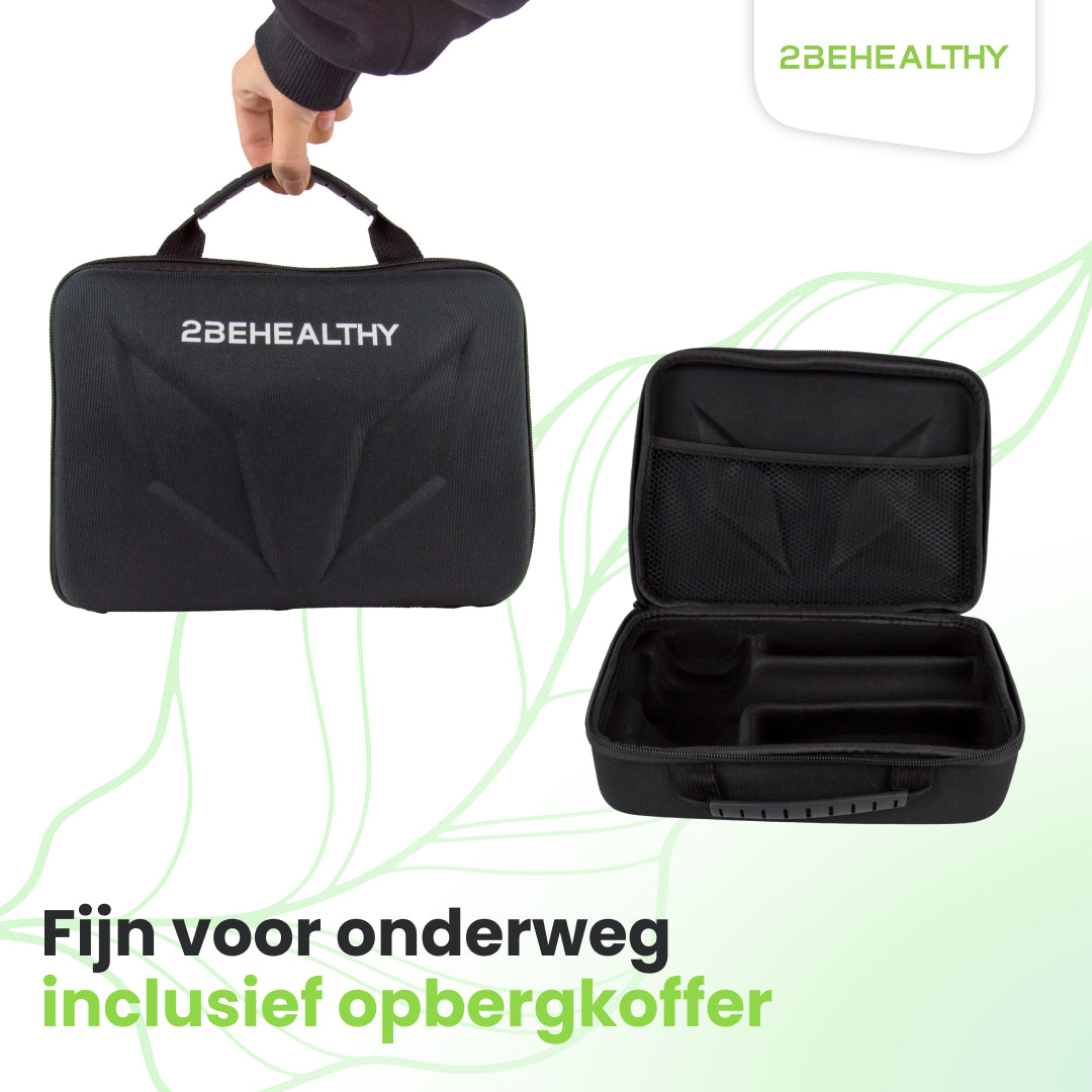 Eine schwarze Tragetasche, geöffnet und geschlossen, mit dem Text '2BEHEALTHY'.