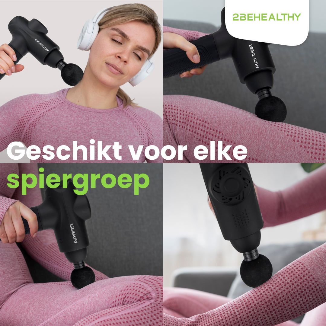 Eine Frau benutzt eine Massagepistole an ihrem Körper. Das Bild ist eine Collage, die verschiedene Winkel zeigt.