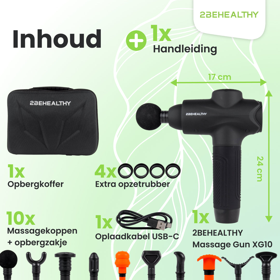 Massagepistole mit Zubehör, einschließlich Gummi, Ladekabel und Aufbewahrungskoffer.