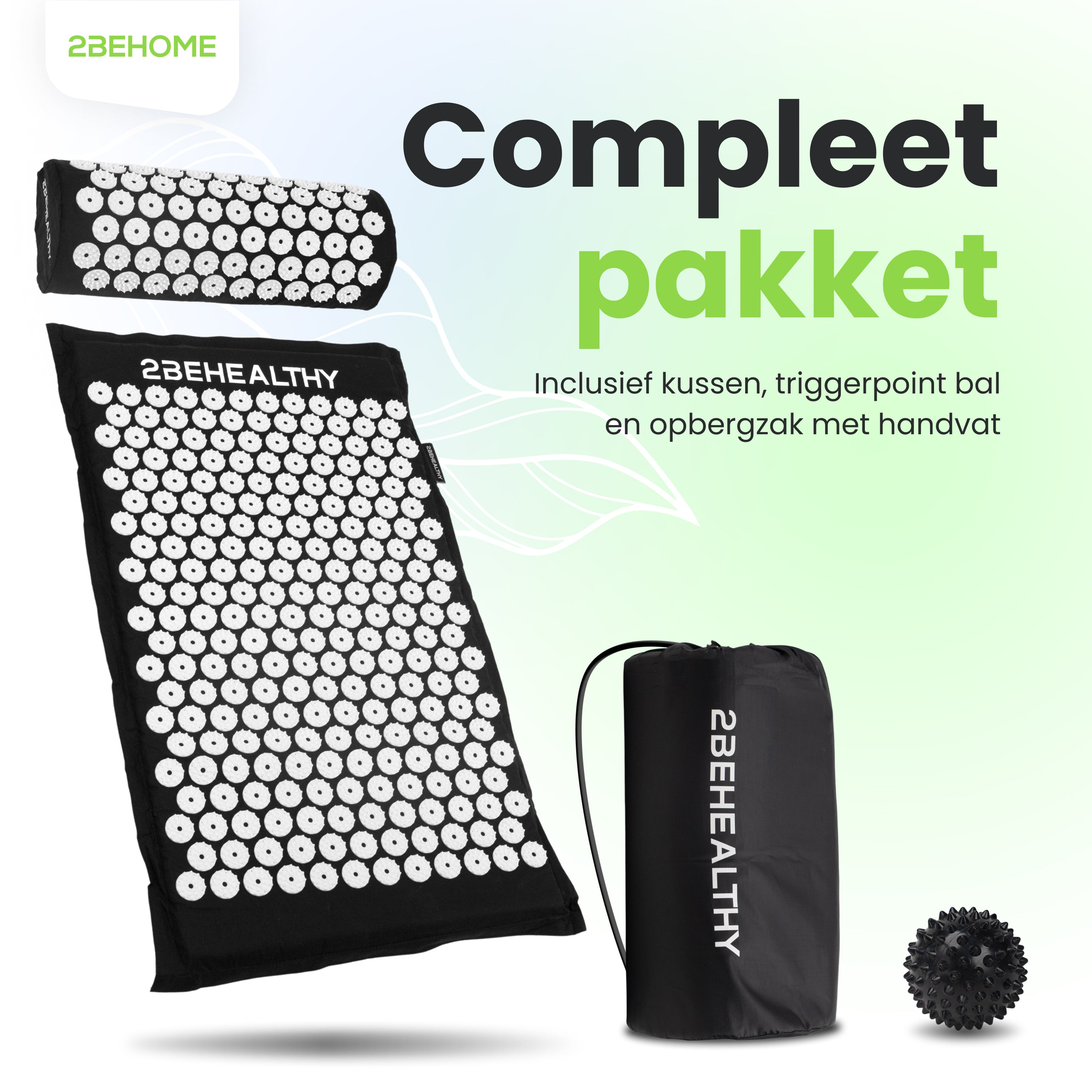 Acupressure mat, pillow, trigger point ball, and a storage bag, black background.