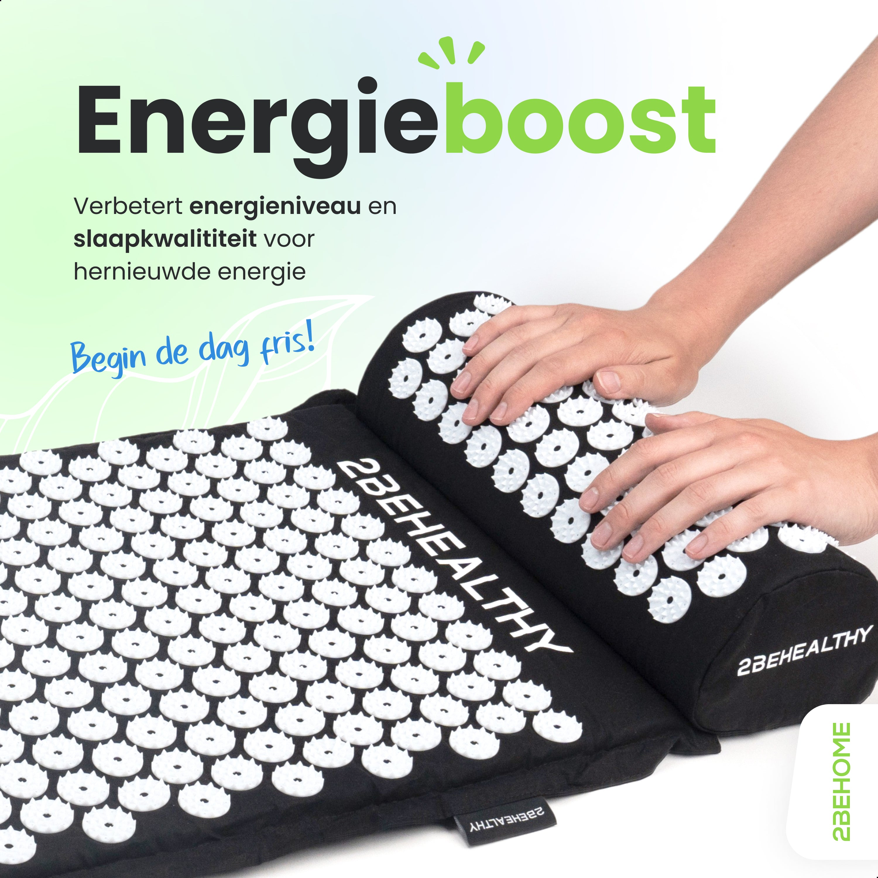 Hands on a black acupressure mat. Text reads "Energieboost", and "2BEHEALTHY".
