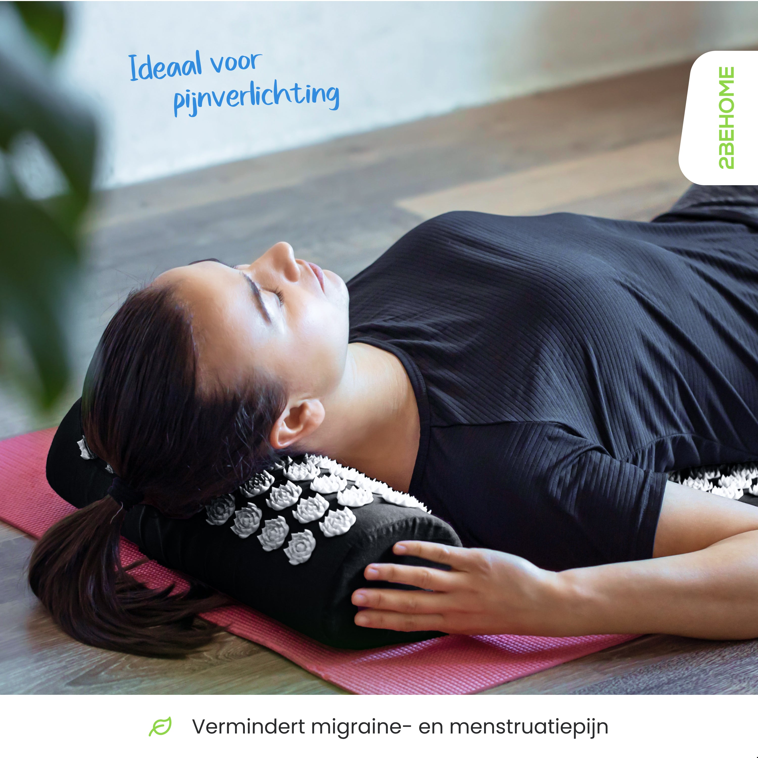 Woman laying on a mat with a black pillow. Text says 'Ideal for pain relief' and 'Reduces migraine pain'.