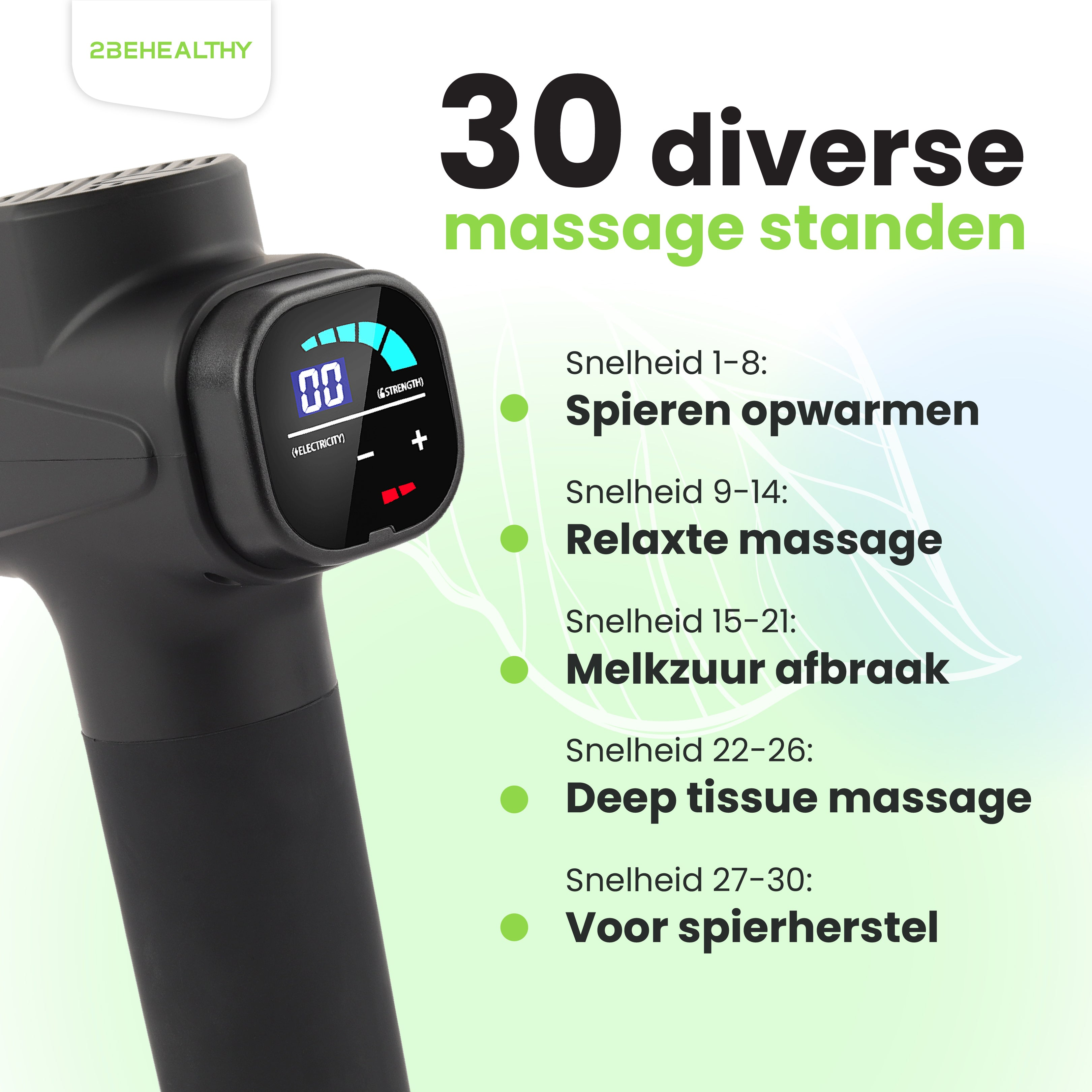 Eine schwarze Massagepistole mit digitaler Anzeige. Text zeigt 30 Massagestufen und Funktionen an.