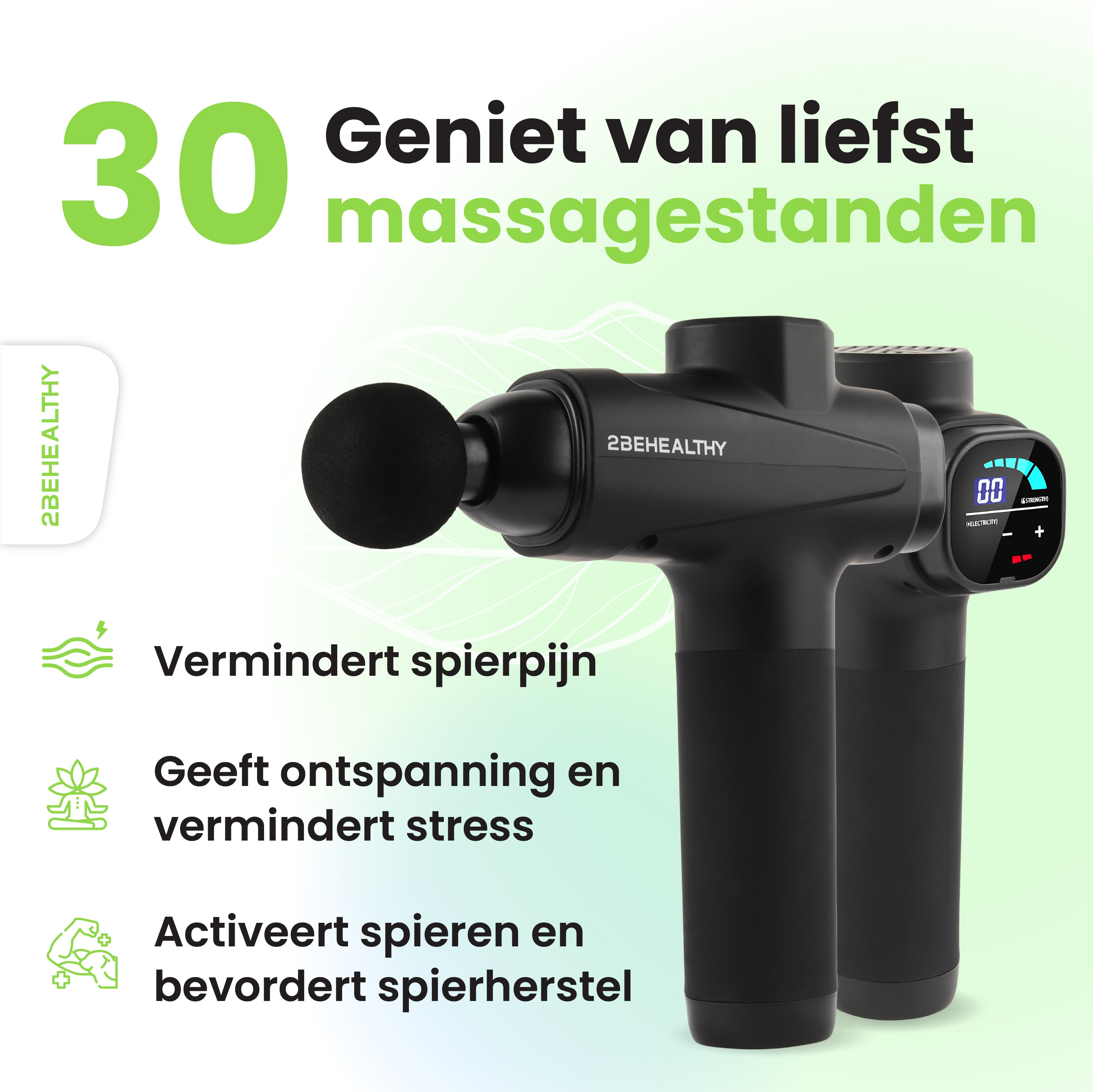 Zwei schwarze Massagepistolen mit Text, der ihre Vorteile beschreibt: Schmerzlinderung, Entspannung und Muskelaufbau.