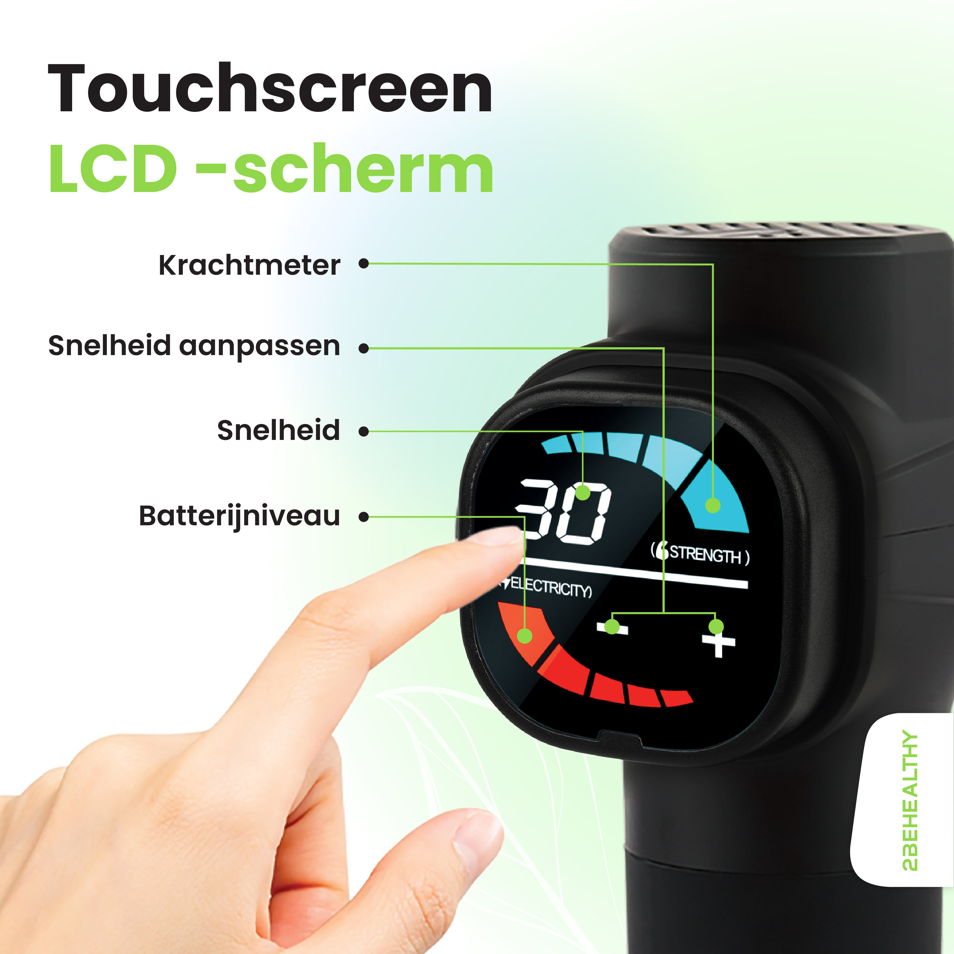 Der Finger einer Person zeigt auf den LCD-Bildschirm einer schwarzen Massagepistole.