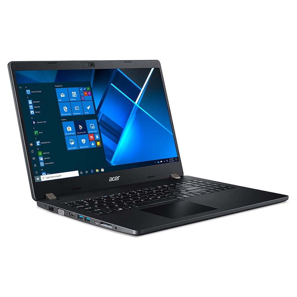 Laptop nero su sfondo bianco, schermo che mostra un'interfaccia blu.