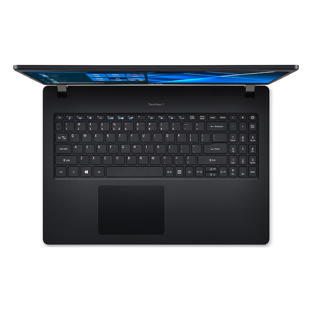 Laptop nero, aperto, vista dall'alto. Tastiera visibile, con touchpad sotto. Schermo aperto.